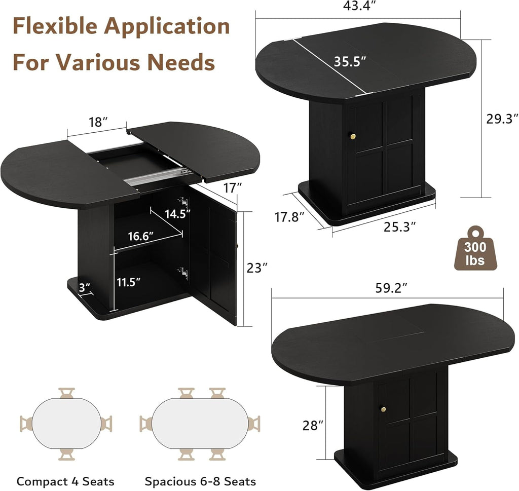 iPormis Extendable Round Dining Table for 4-6, 59'' Modern Kitchen Table with 2-Tier Storage Shelf, Wood Door, MDF Board, Space Saving Oval Dinner with Sturdy Pedestal Base, Kitchen, Dining,Walnut