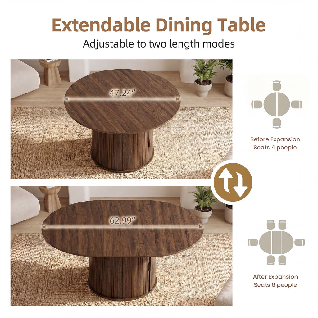 EOP 47″- 63″ Extendable Round Dining Table for 4-6, Wooden Kitchen Table with Hidden Storage and Fluted Sliding Door Cabinet, Modern Space-Saving Table for Dining Room Kitchen, Natural Wood