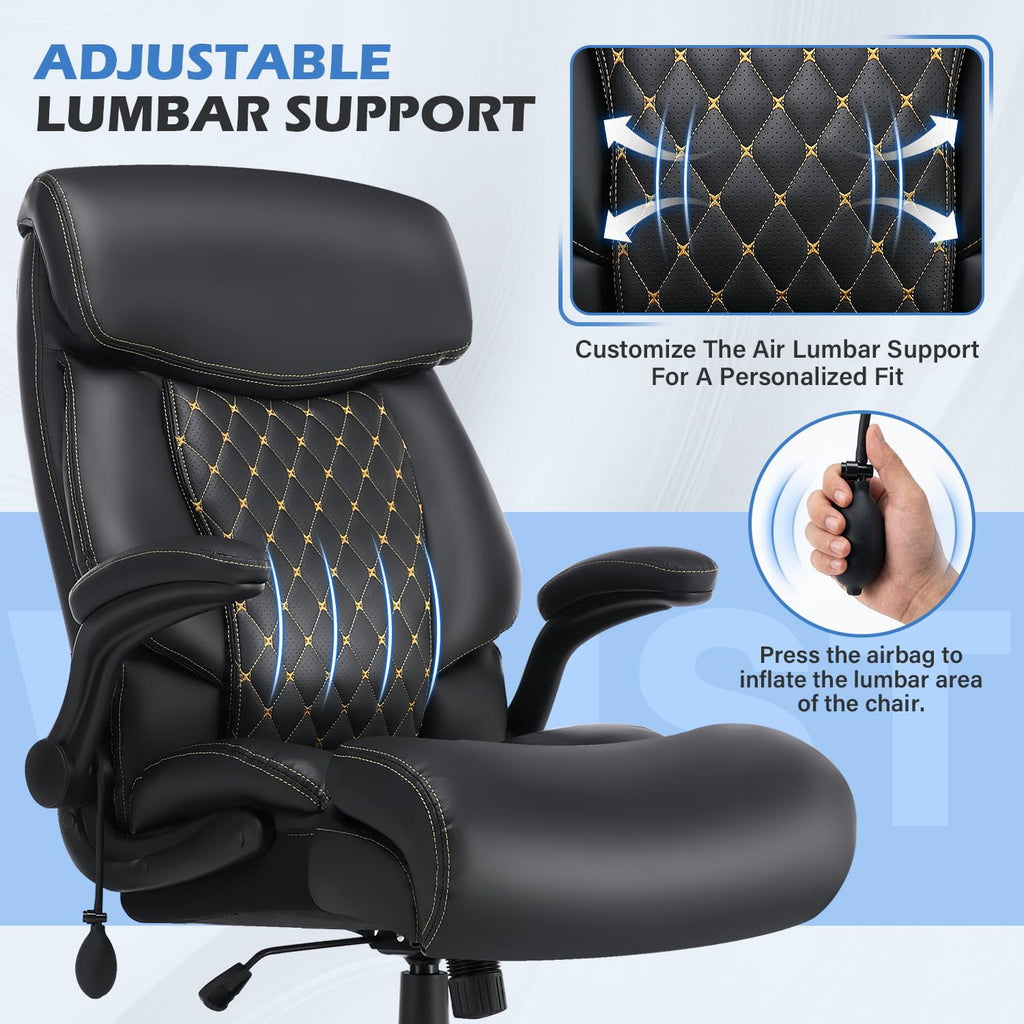 JONPONY Leather Office Chair, Big and Tall Office Chair 400LBS Wide Seat Ergonomic Computer Desk Chair High Back Executive Leather Chair Adjustable Task Chair Lumbar Back with 1-Year Warranty, Black