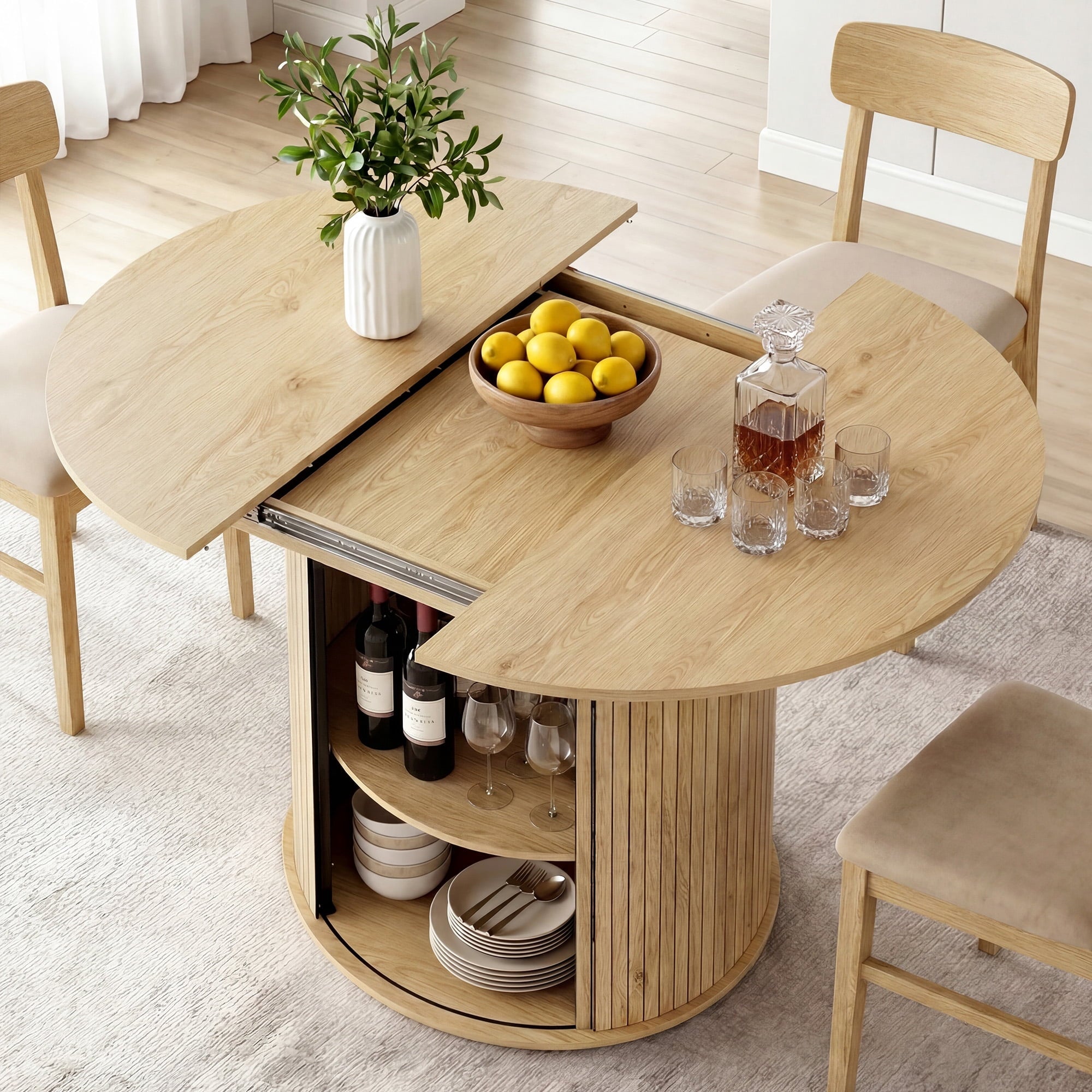 EOP 47″- 63″ Extendable Round Dining Table for 4-6, Wooden Kitchen Table with Hidden Storage and Fluted Sliding Door Cabinet, Modern Space-Saving Table for Dining Room Kitchen, Natural Wood