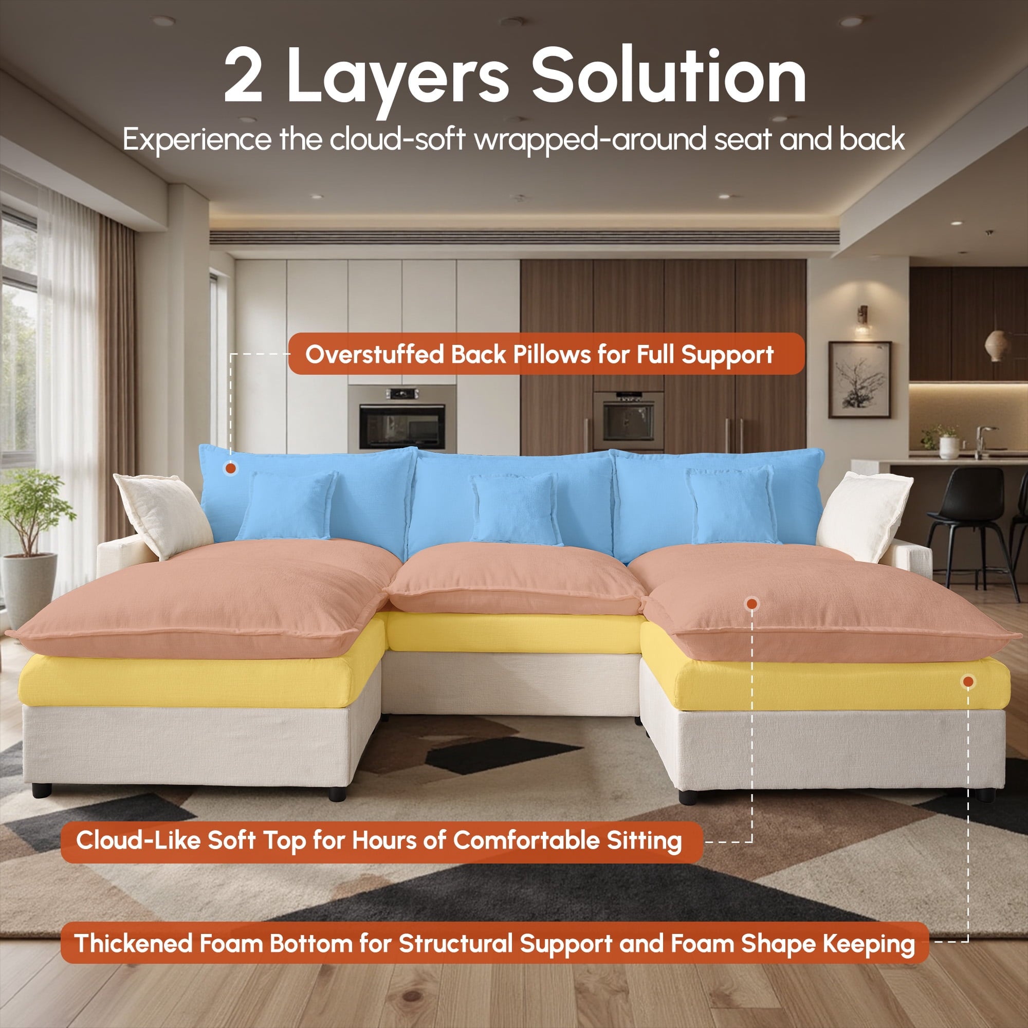 Ovios 108 Modular Sectional Sofa U-Shaped Cloud Couch with 2 Ottomans, Comfy Living Room Furniture, Chenille, Dark Blue