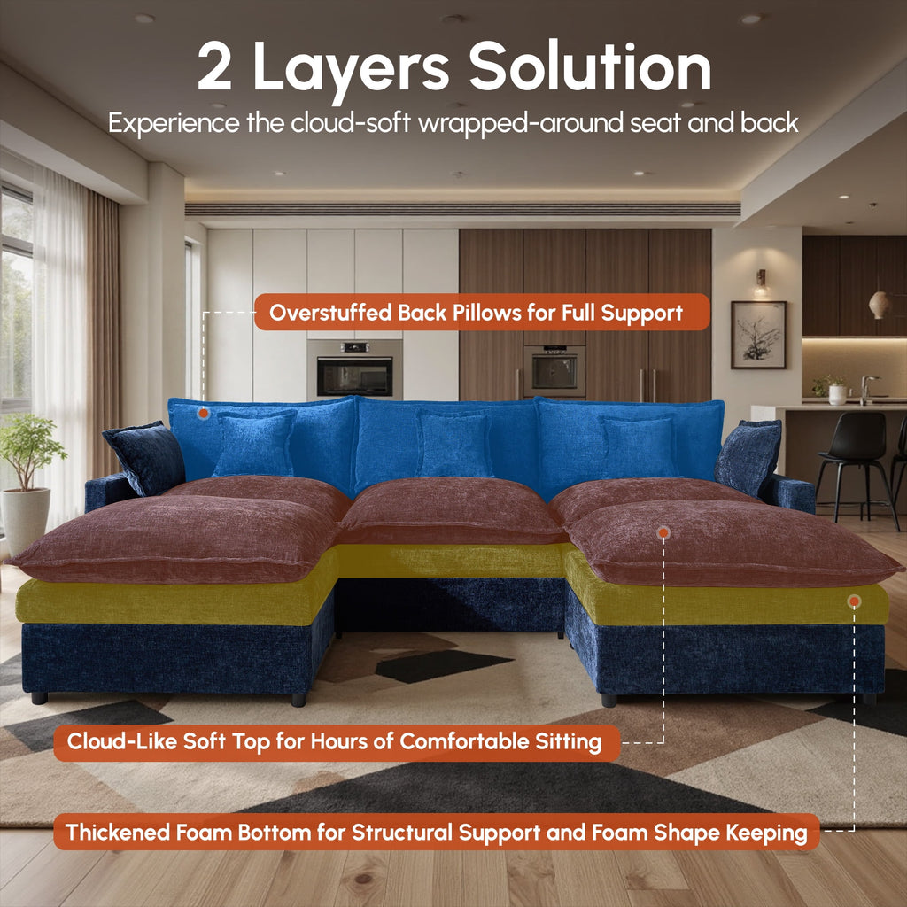 Ovios 108 Modular Sectional Sofa U-Shaped Cloud Couch with 2 Ottomans, Comfy Living Room Furniture, Chenille, Camel