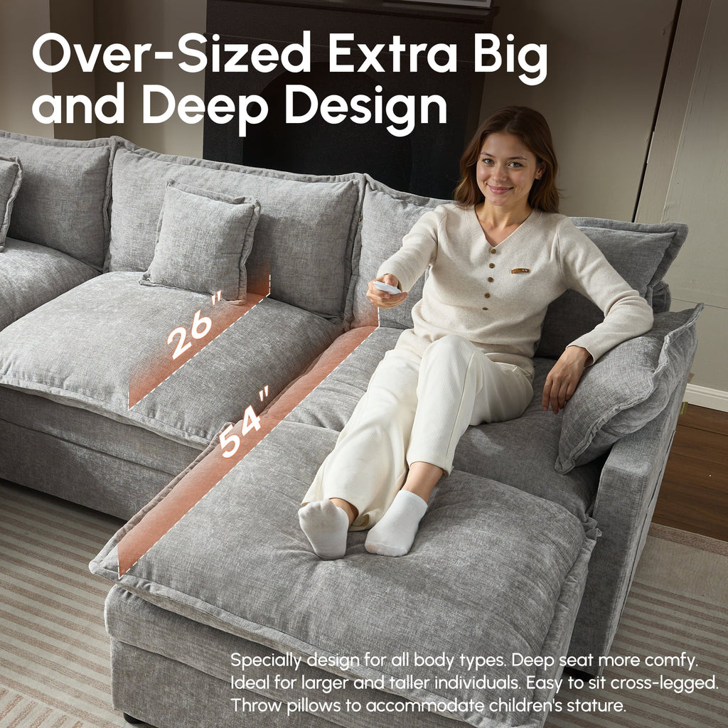 Ovios 108 Modular Sectional Sofa U-Shaped Cloud Couch with 2 Ottomans, Comfy Living Room Furniture, Chenille, Gray