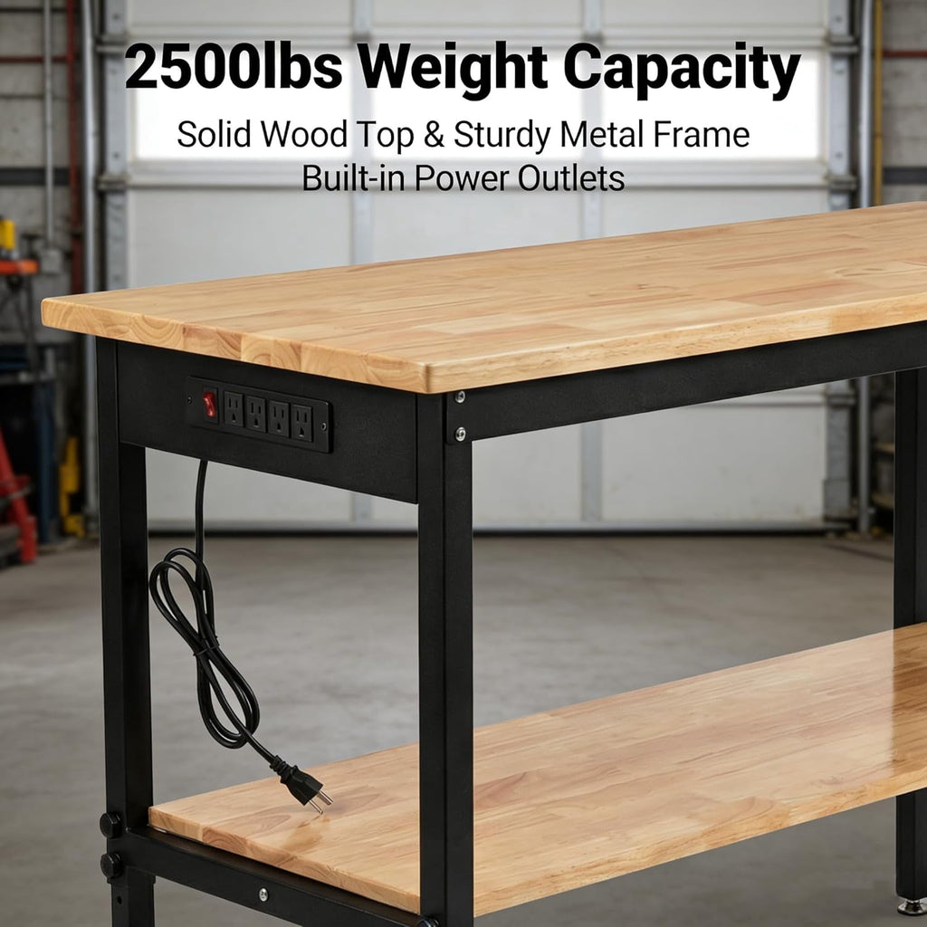 60 Inch Adjustable Workbench with Power Outlet, 2500 LBS Heavy Duty Double-Layer Workbench with Hardwood Top, 6-Level Height Adjustable Garage Work Table with Wheels, Rolling Workstation for Workshop