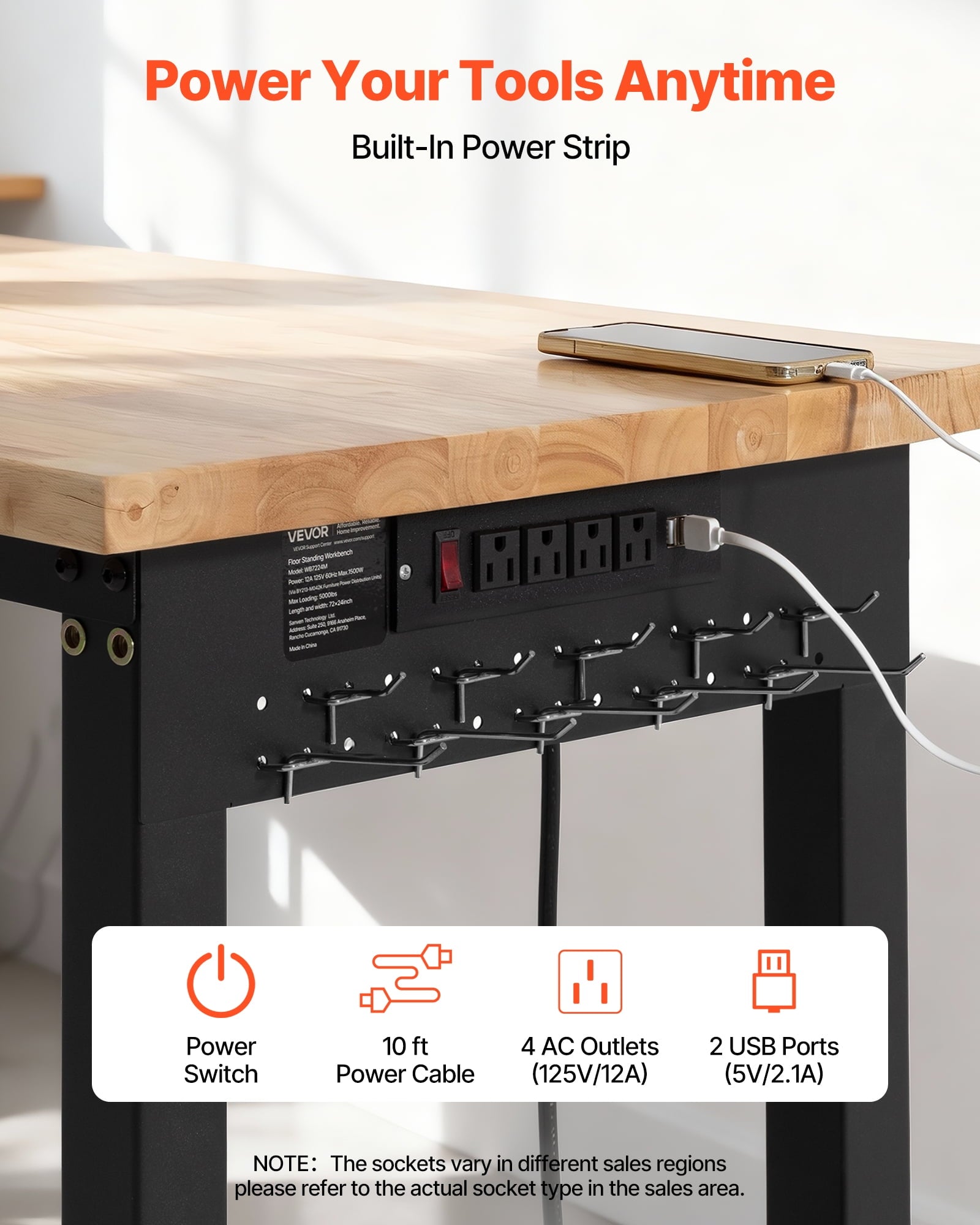 VEVOR Adjustable Workbench, 5000 lbs Capacity, 96 x 24 Inch Oak Wood Top Workstation with 4 AC Outlets & 2 USB Ports, Heavy-Duty Hardwood Worktable for Garage, Workshop, Home, Office, Commercial