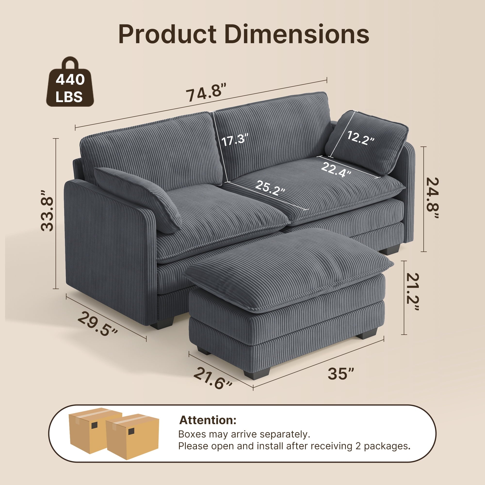 75’’ Cloud Couches for Living Room, Noelse L Shaped Modular Sofa with Deep Seats, 2 Seater Love Seat Couch with Removable Washable Corduroy Fabric for Living Room Bedroom and Apartment, Gray