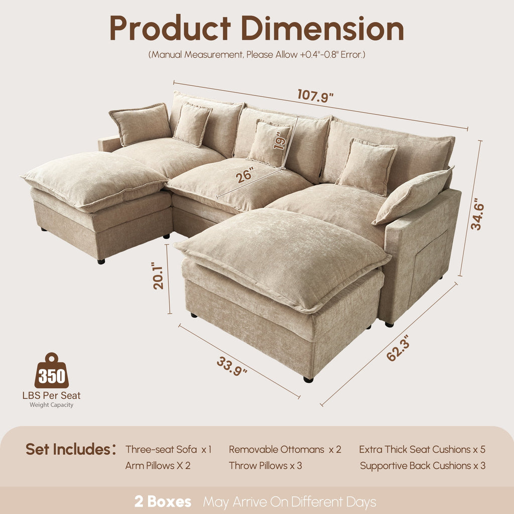 Ovios 108 Modular Sectional Sofa U-Shaped Cloud Couch with 2 Ottomans, Comfy Living Room Furniture, Chenille, Dark Blue