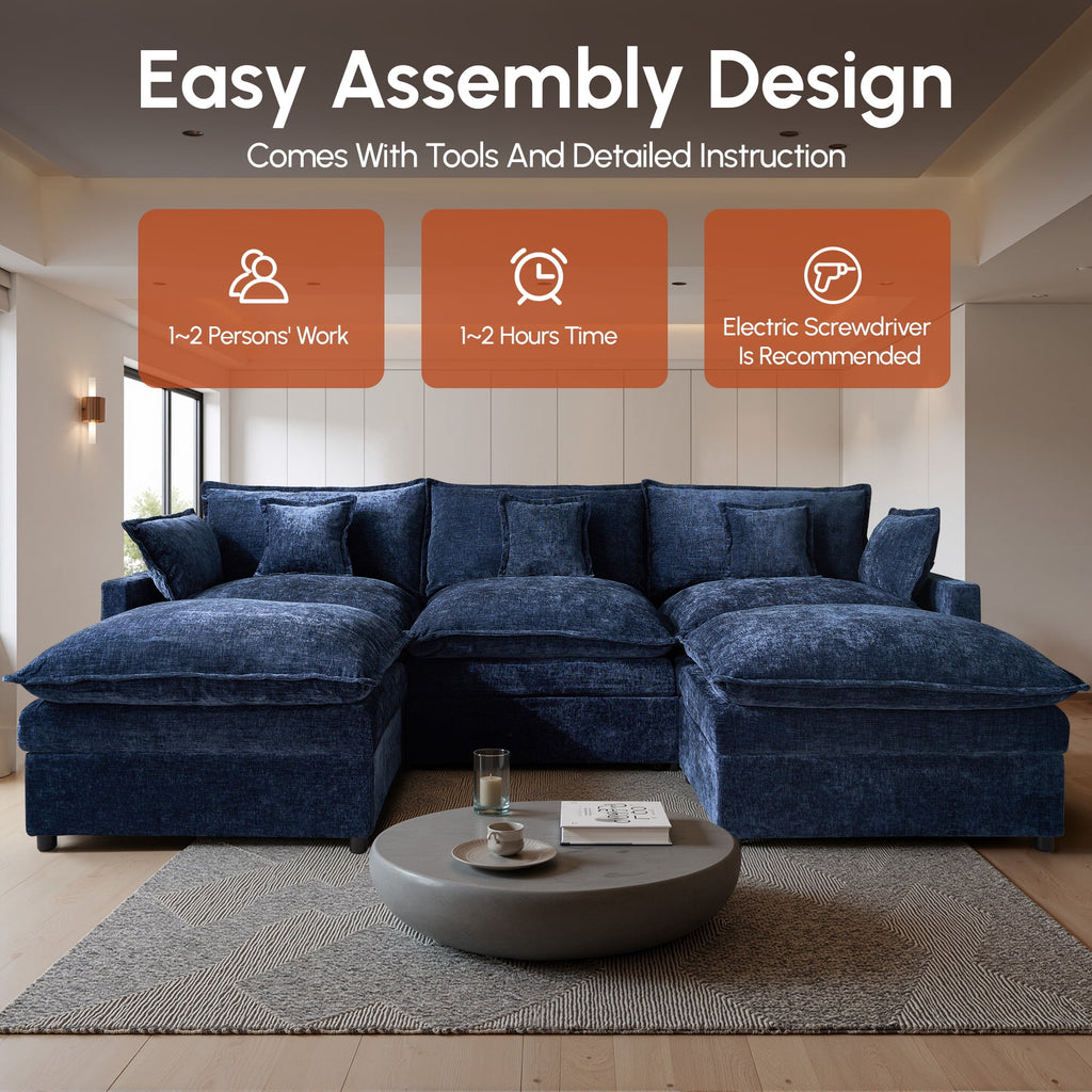 Ovios 108 Modular Sectional Sofa U-Shaped Cloud Couch with 2 Ottomans, Comfy Living Room Furniture, Chenille, Gray