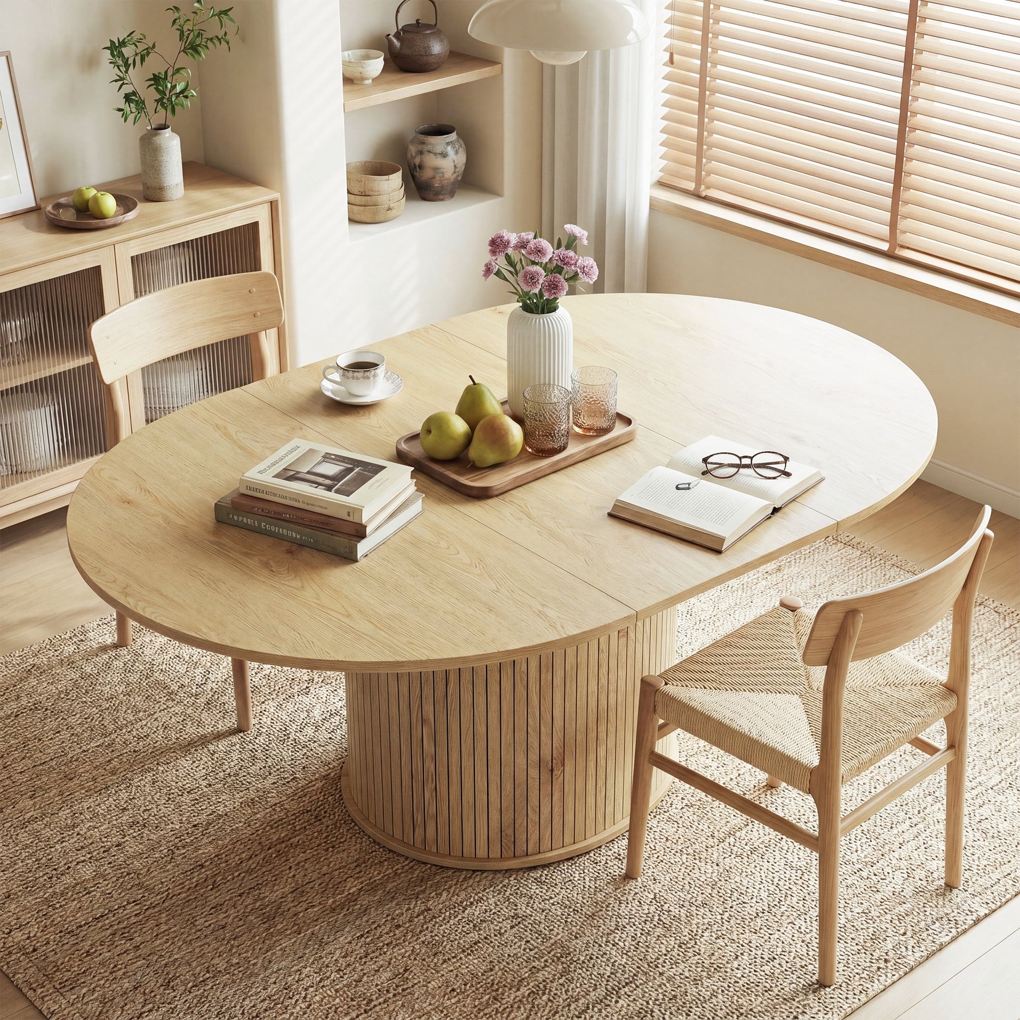 EOP 47″- 63″ Extendable Round Dining Table for 4-6, Wooden Kitchen Table with Hidden Storage and Fluted Sliding Door Cabinet, Modern Space-Saving Table for Dining Room Kitchen, Natural Wood