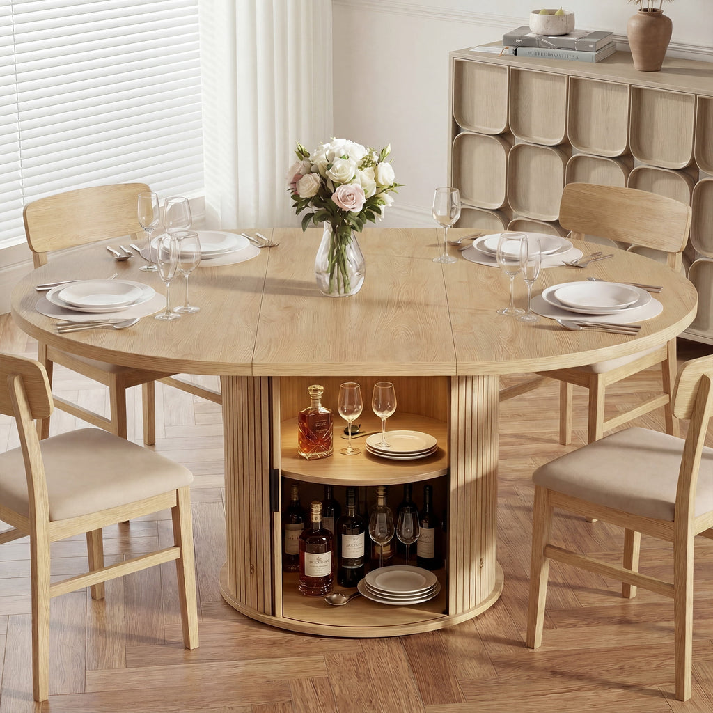 EOP 47″- 63″ Extendable Round Dining Table for 4-6, Wooden Kitchen Table with Hidden Storage and Fluted Sliding Door Cabinet, Modern Space-Saving Table for Dining Room Kitchen, Natural Wood