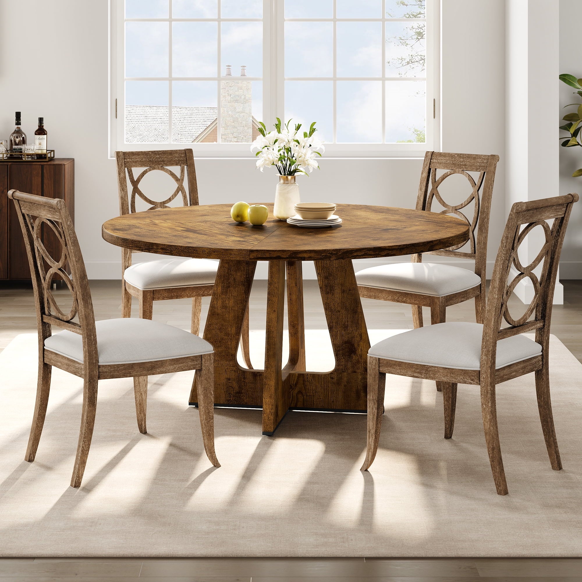 47'' Round Large Dining Table Set for 4 to 6,Mid Century Wood Dinner Table with Wide Tabletop and Cross Base,Dining Room Table for Home Dining Room or Living Room (No Chairs)