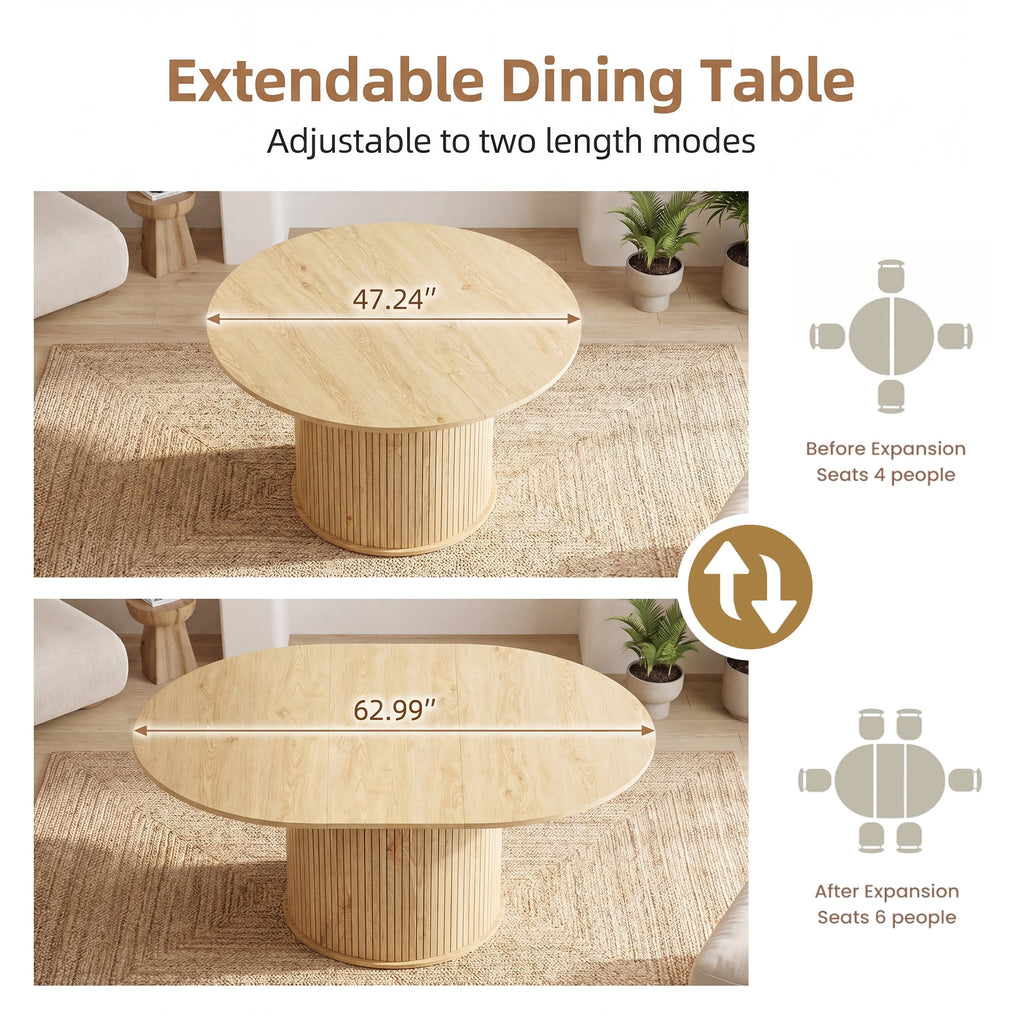 EOP 47″- 63″ Extendable Round Dining Table for 4-6, Wooden Kitchen Table with Hidden Storage and Fluted Sliding Door Cabinet, Modern Space-Saving Table for Dining Room Kitchen, Natural Wood