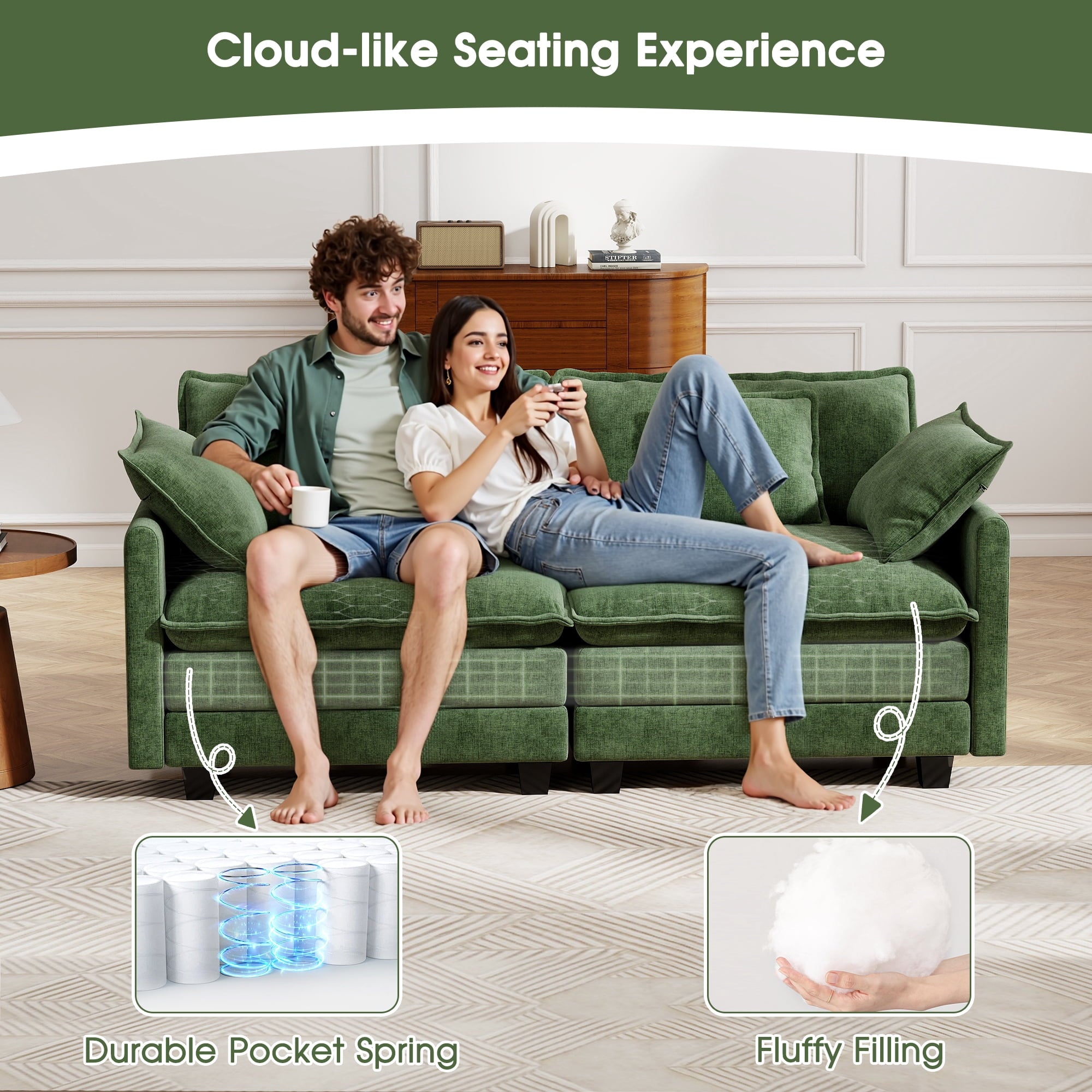 BedLuxury 111.5'' Modular Sectional Sofa with Movable Ottomans, U Shaped Cloud Couch for Living Room, 3-Seat, Grey