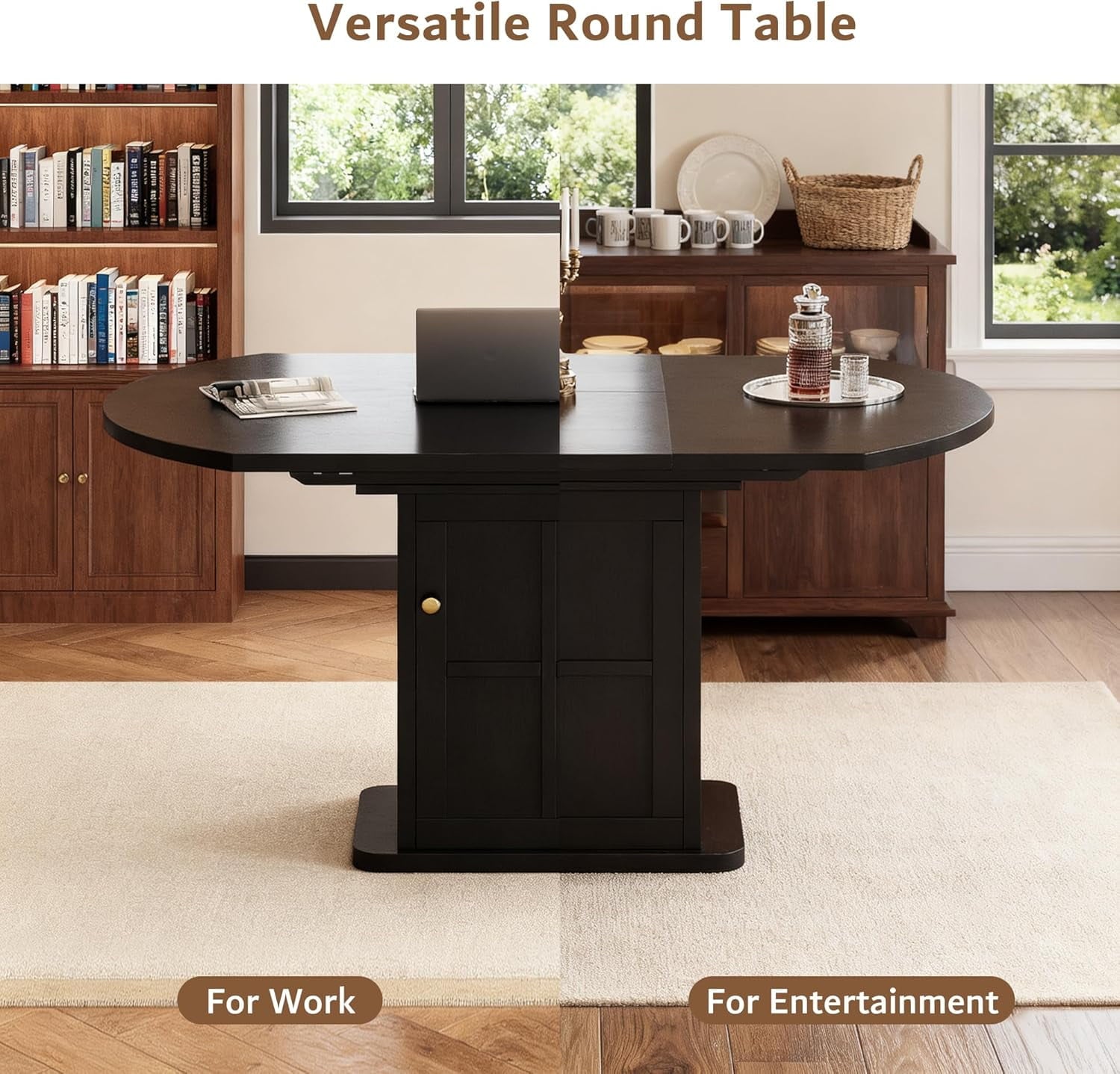 iPormis Extendable Round Dining Table for 4-6, 59'' Modern Kitchen Table with 2-Tier Storage Shelf, Wood Door, MDF Board, Space Saving Oval Dinner with Sturdy Pedestal Base, Kitchen, Dining,Walnut