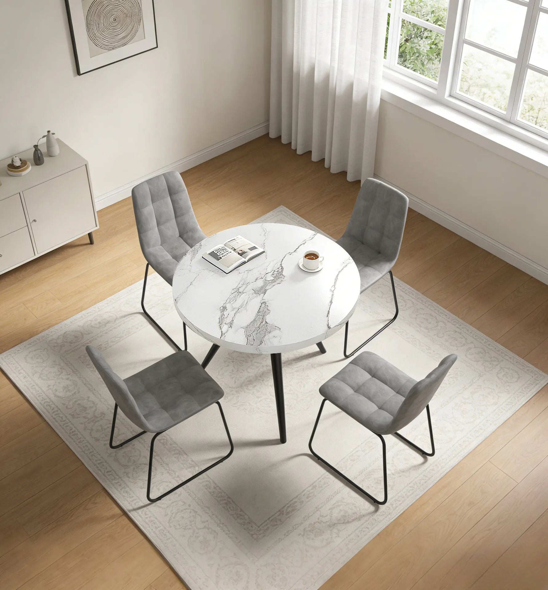 34.8 Round Dining Table for 4 People, Modern Circle Kitchen Table with Metal Legs for Kitchen, Dining Room, Apartment,Gray