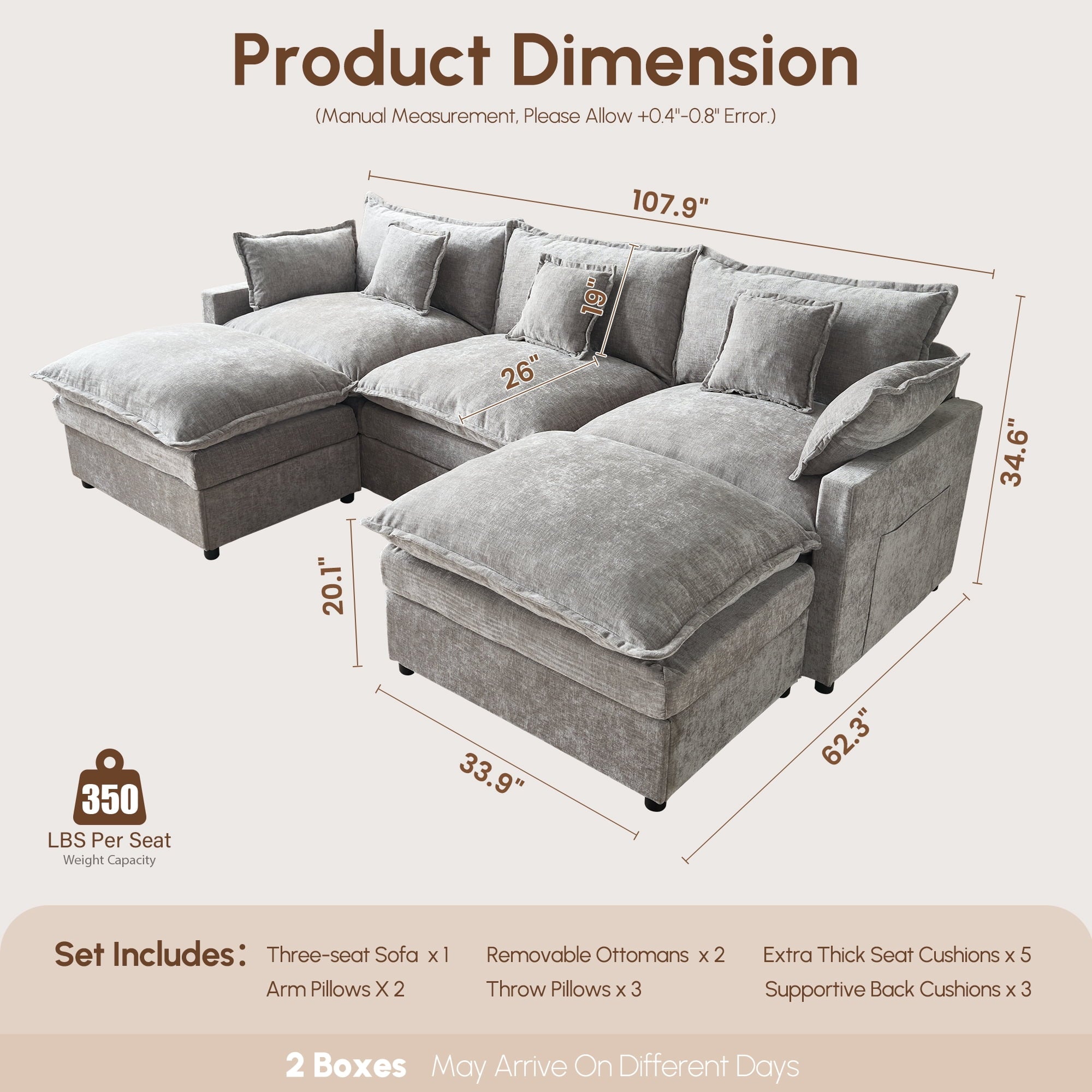 Ovios 108 Modular Sectional Sofa U-Shaped Cloud Couch with 2 Ottomans, Comfy Living Room Furniture, Chenille, Gray