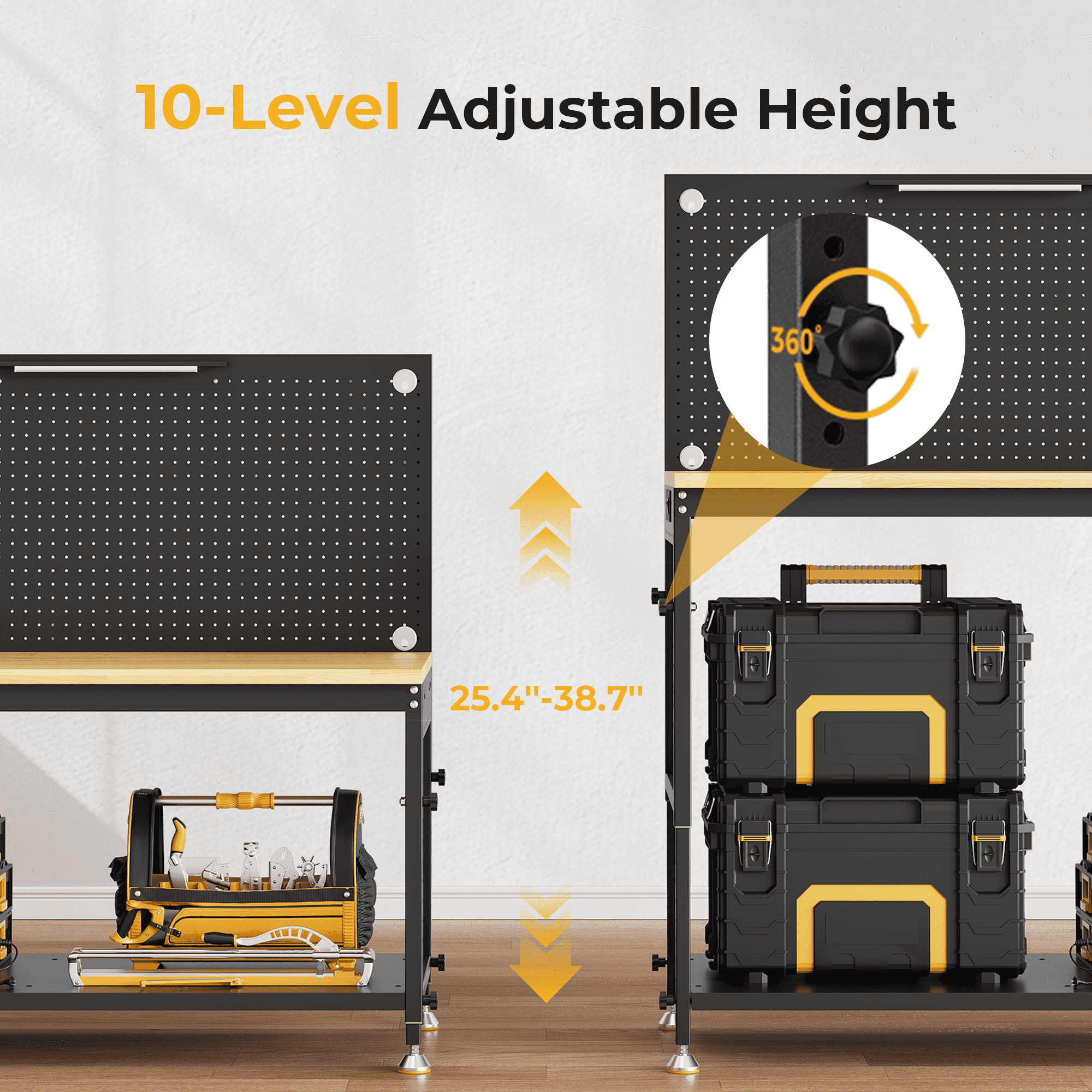 CAMMOO 48 Multifunctional Heavy Duty Workbench for Garage with Pegboard, 2000LBS Load,Adjustable Height Worktable,Storage Shelf,LED Light, Built-in Power Strip