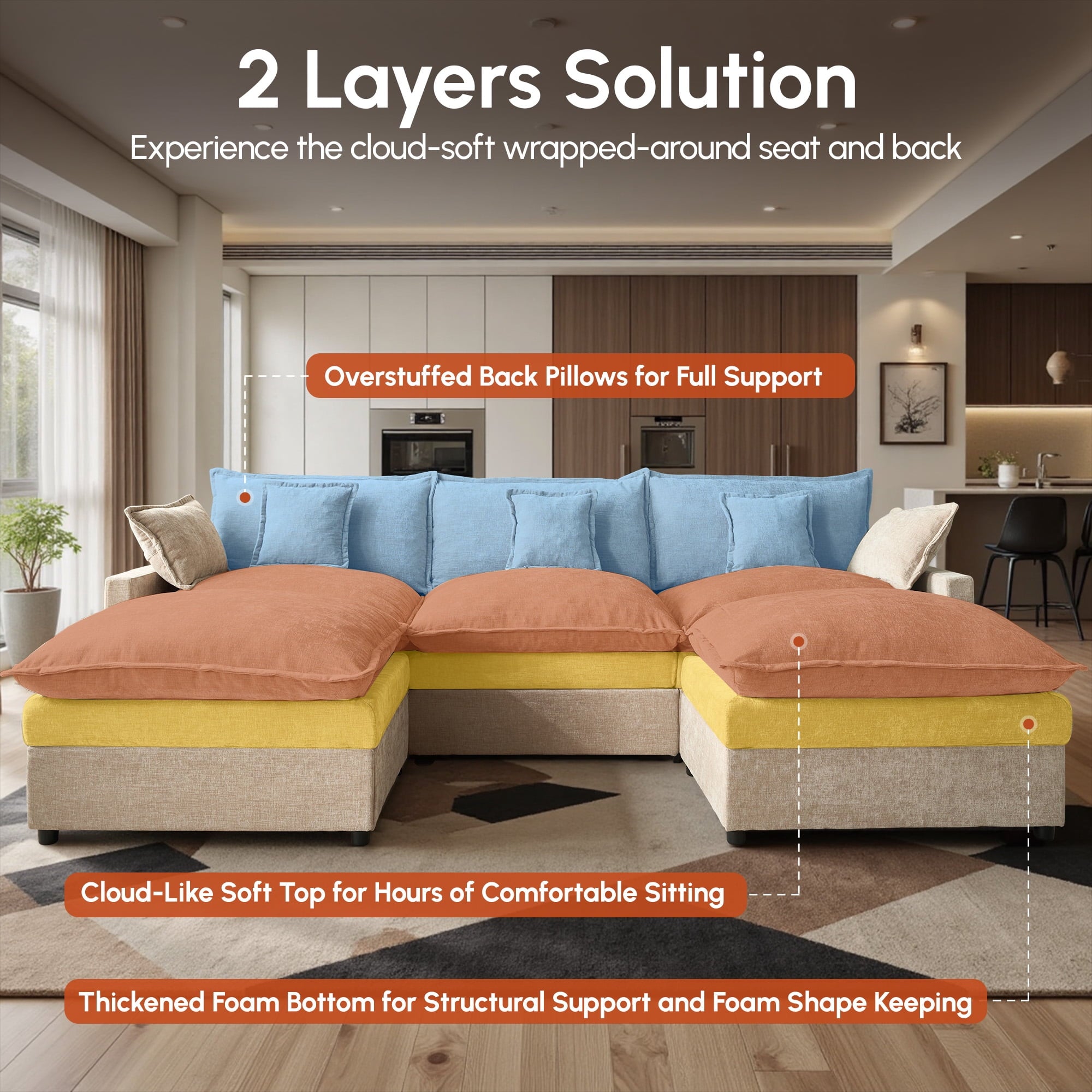 Ovios 108 Modular Sectional Sofa U-Shaped Cloud Couch with 2 Ottomans, Comfy Living Room Furniture, Chenille, Gray