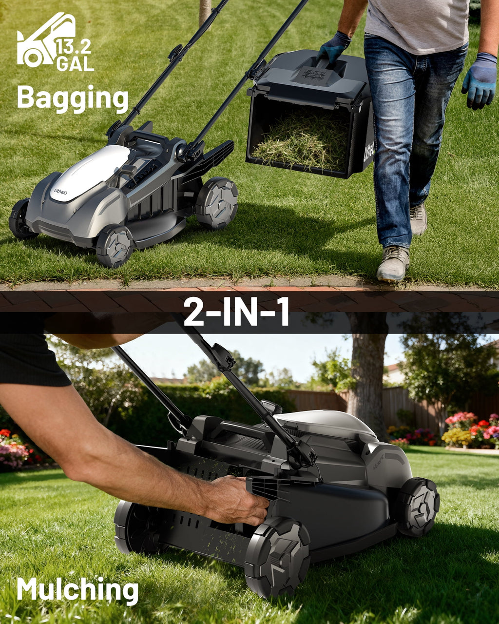 Litheli 20V Cordless Electric Lawn Mower, 13-Inch, Brushless Motor, 5-Position Height Adjustment, with 5.0Ah Battery, for Lawns & Gardens