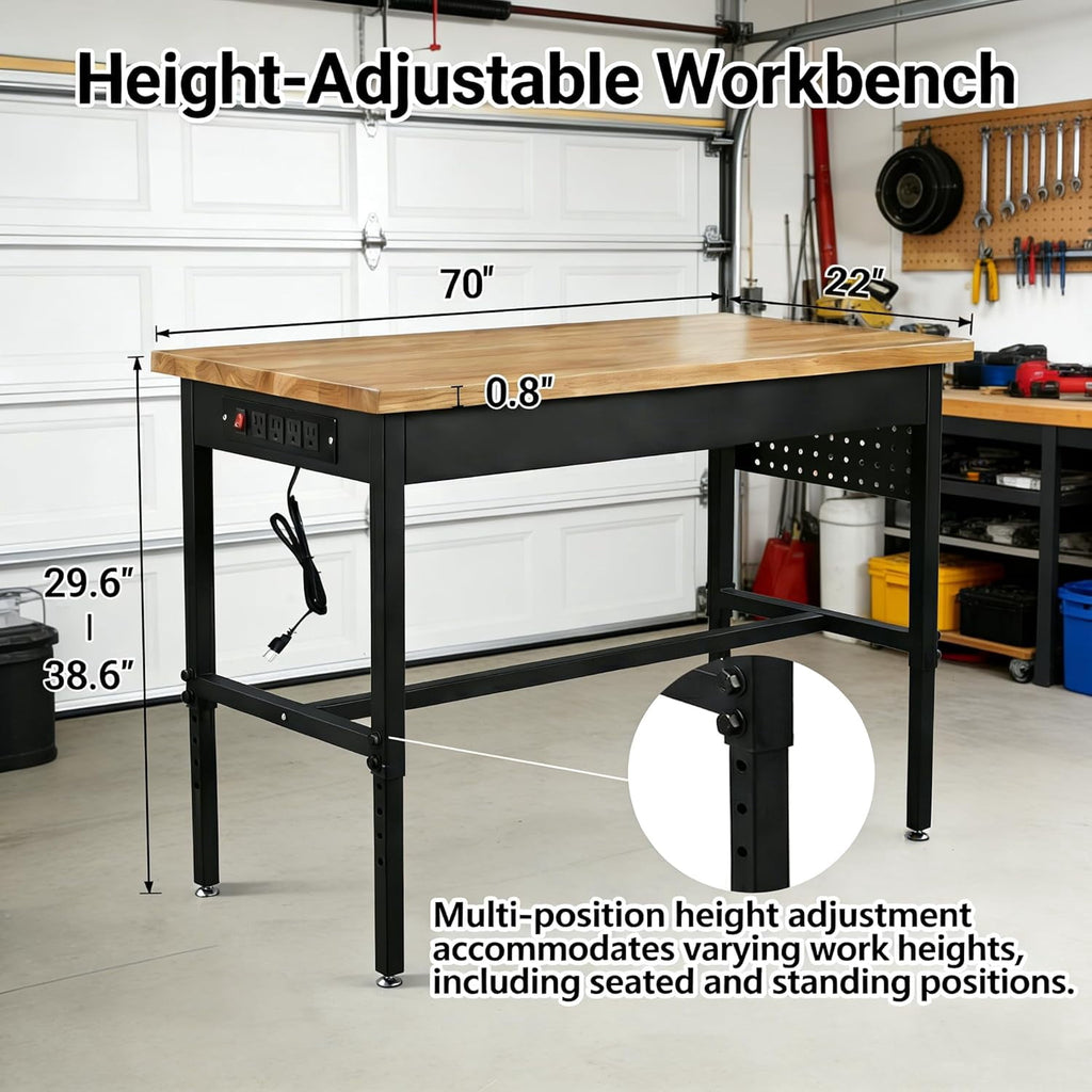 60 Inch Adjustable Workbench with Power Outlet, 2500 LBS Heavy Duty Double-Layer Workbench with Hardwood Top, 6-Level Height Adjustable Garage Work Table with Wheels, Rolling Workstation for Workshop