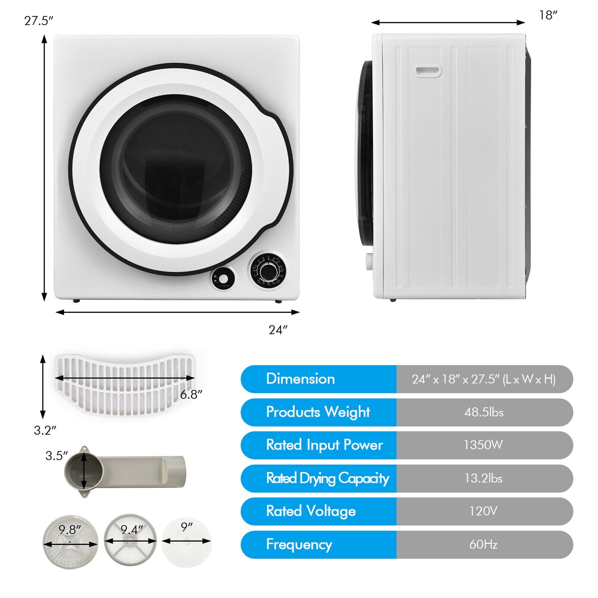 Gymax 13.2 lbs Electric Tumble Compact Laundry Dryer Stainless Steel Tub 1350 W