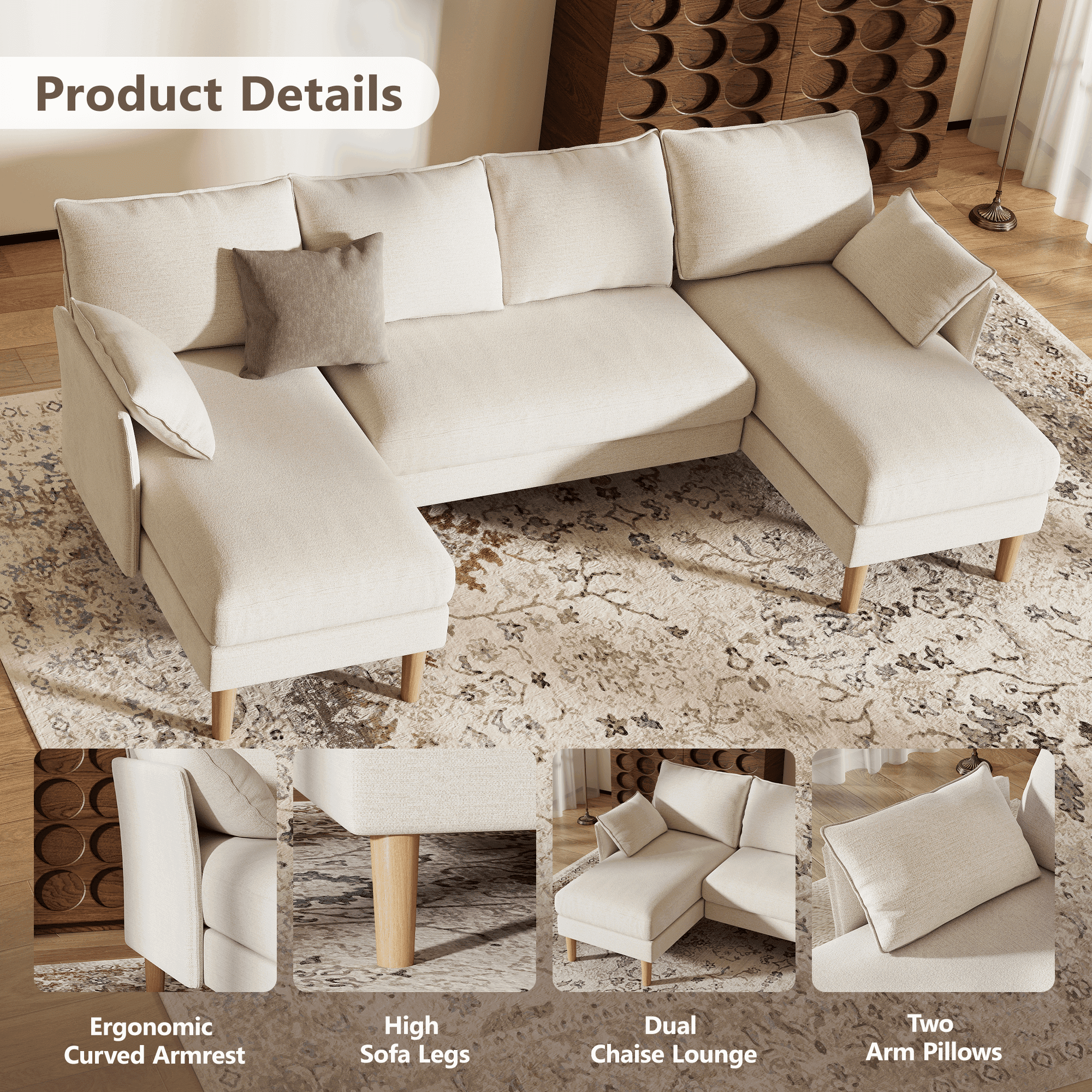 BedLuxury 100 U-Shape Sectional Sofa with Chaise, Chenille Modern Couch with High Legs for Living Room, Apartment, Beige