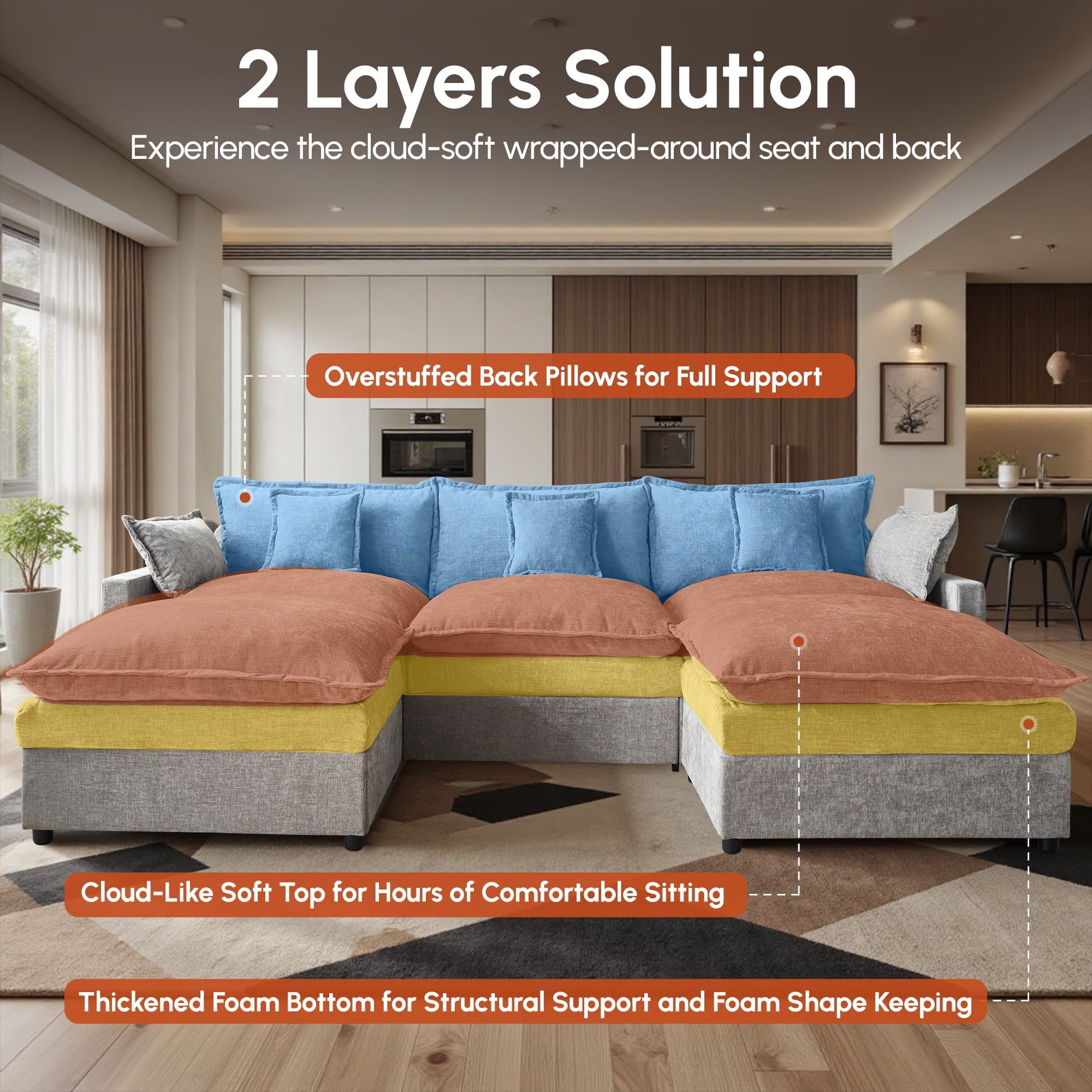 Ovios 108 Modular Sectional Sofa U-Shaped Cloud Couch with 2 Ottomans, Comfy Living Room Furniture, Chenille, Camel