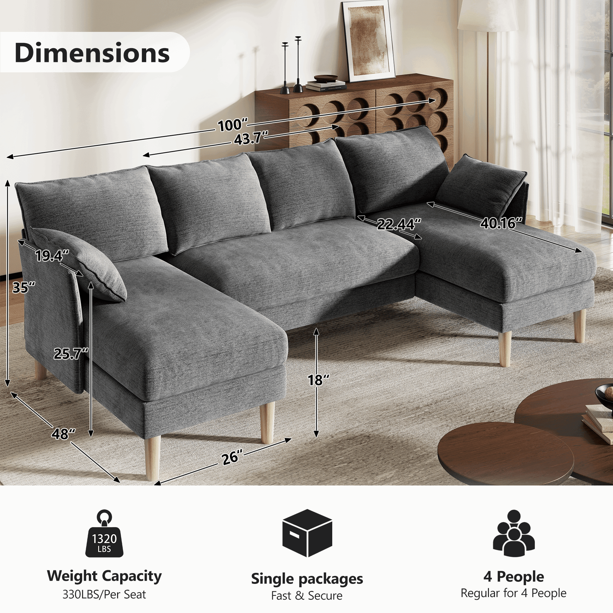 BedLuxury 100 U-Shape Sectional Sofa with Chaise, Chenille Modern Couch with High Legs for Living Room, Apartment, Beige