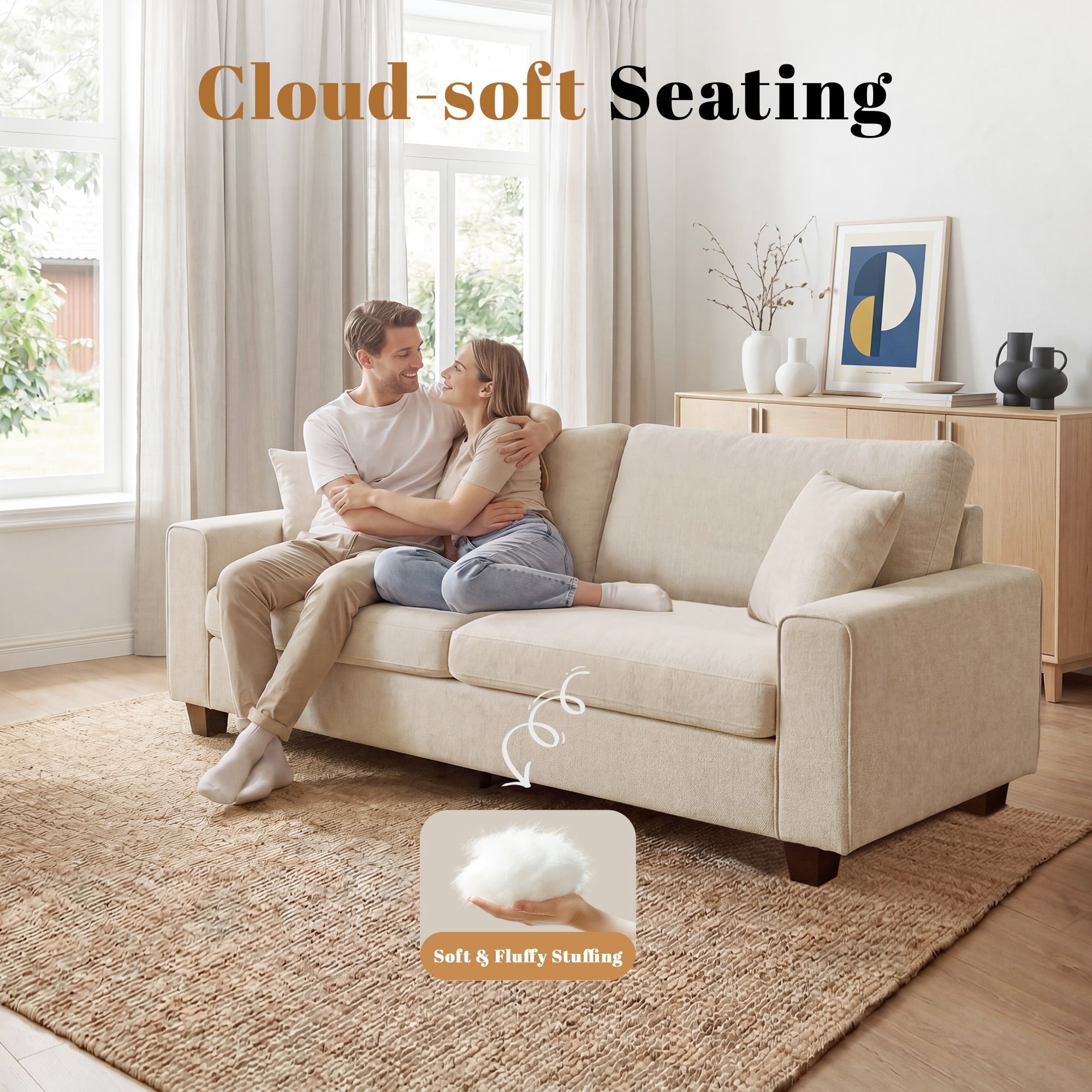 Poshby 88.58''W 3 Seater Sofa Couch with Chenille, Modern Square Arm for Living Room, Light Gray