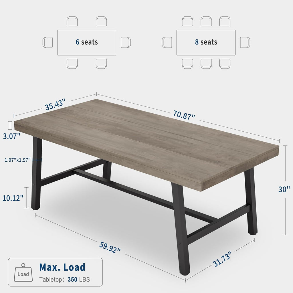 Industrial Dining Table for 6-8 People, 70.87 Long Wooden Kitchen Table with Sturdy Metal Frame & Natural Finish, Seats 6 Rectangular Counter for Dinner, Kitchen, Dining Room - Natural