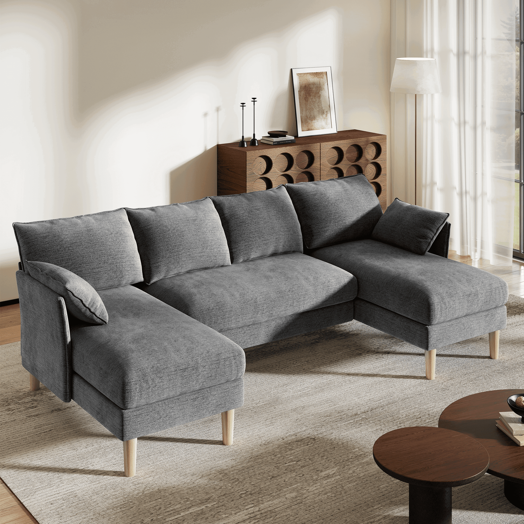 BedLuxury 100 U-Shape Sectional Sofa with Chaise, Chenille Modern Couch with High Legs for Living Room, Apartment, Gray