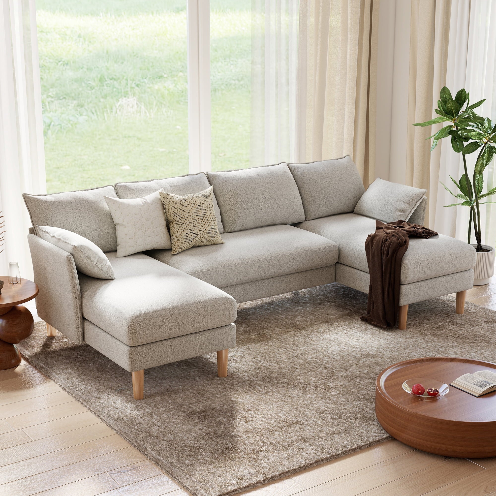 BedLuxury 100 U-Shape Sectional Sofa with Chaise, Chenille Modern Couch with High Legs for Living Room, Apartment, Beige