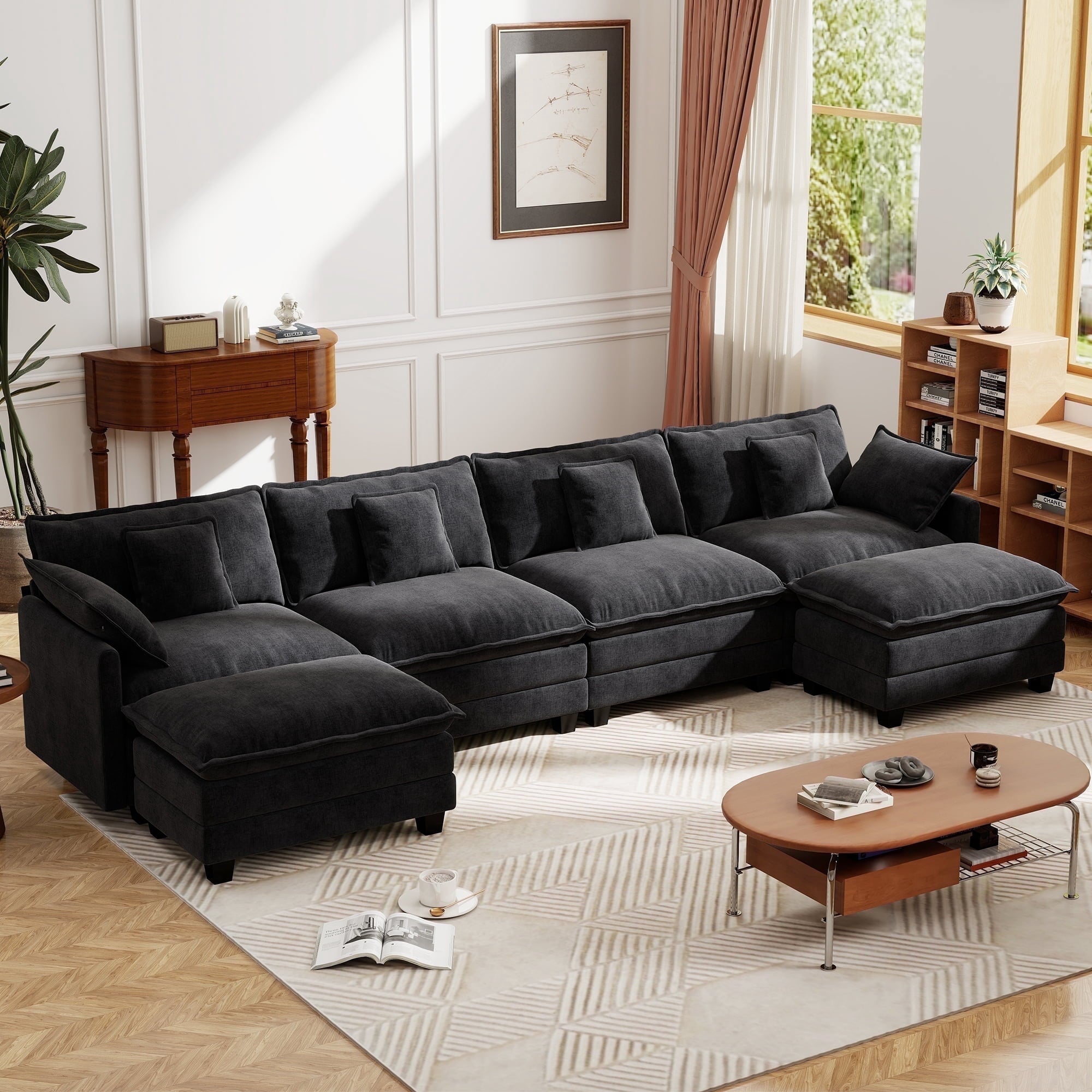 BedLuxury 111.5'' Modular Sectional Sofa with Movable Ottomans, U Shaped Cloud Couch for Living Room, 3-Seat, Grey
