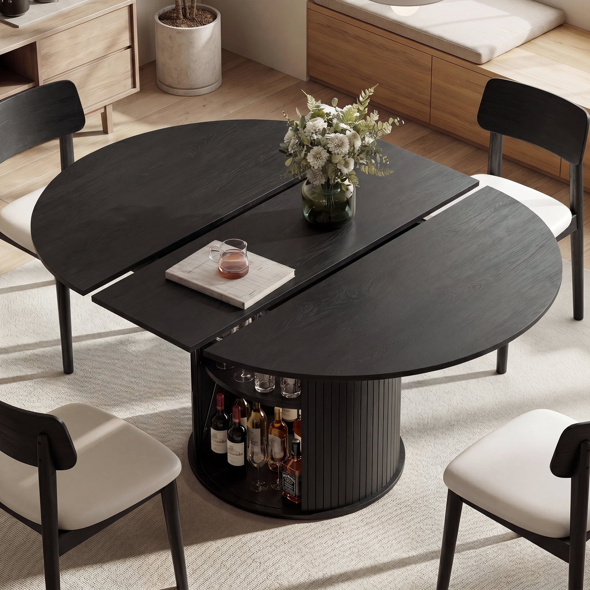 EOP 47″- 63″ Extendable Round Dining Table for 4-6, Wooden Kitchen Table with Hidden Storage and Fluted Sliding Door Cabinet, Modern Space-Saving Table for Dining Room Kitchen, Natural Wood