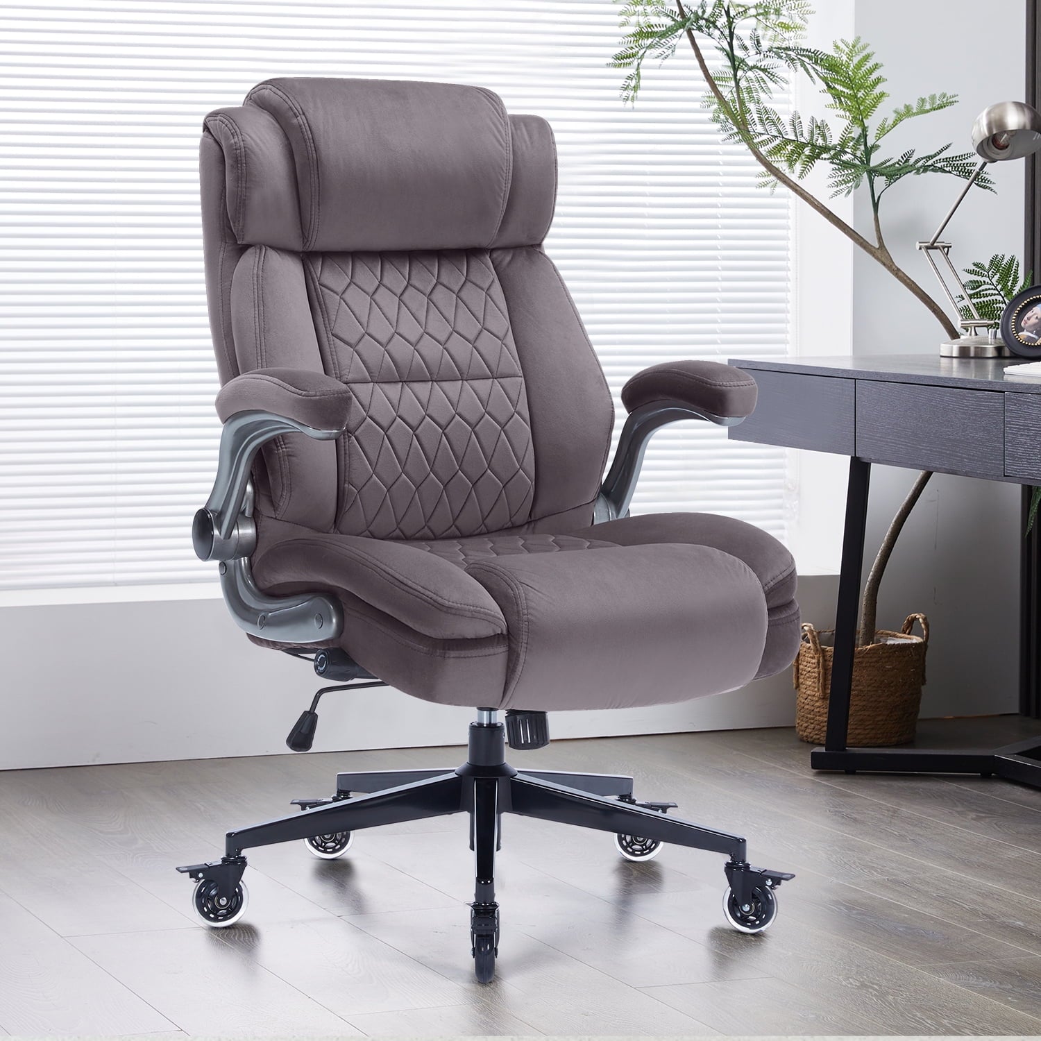 High Back Office Chair with Lockable Wheels, 400lbs Large Fabric Executive Desk Chair, Adjustable Lumbar Support Flip up Arms, Ergonomic Home Office Computer Chair with Storage Pocket, Black