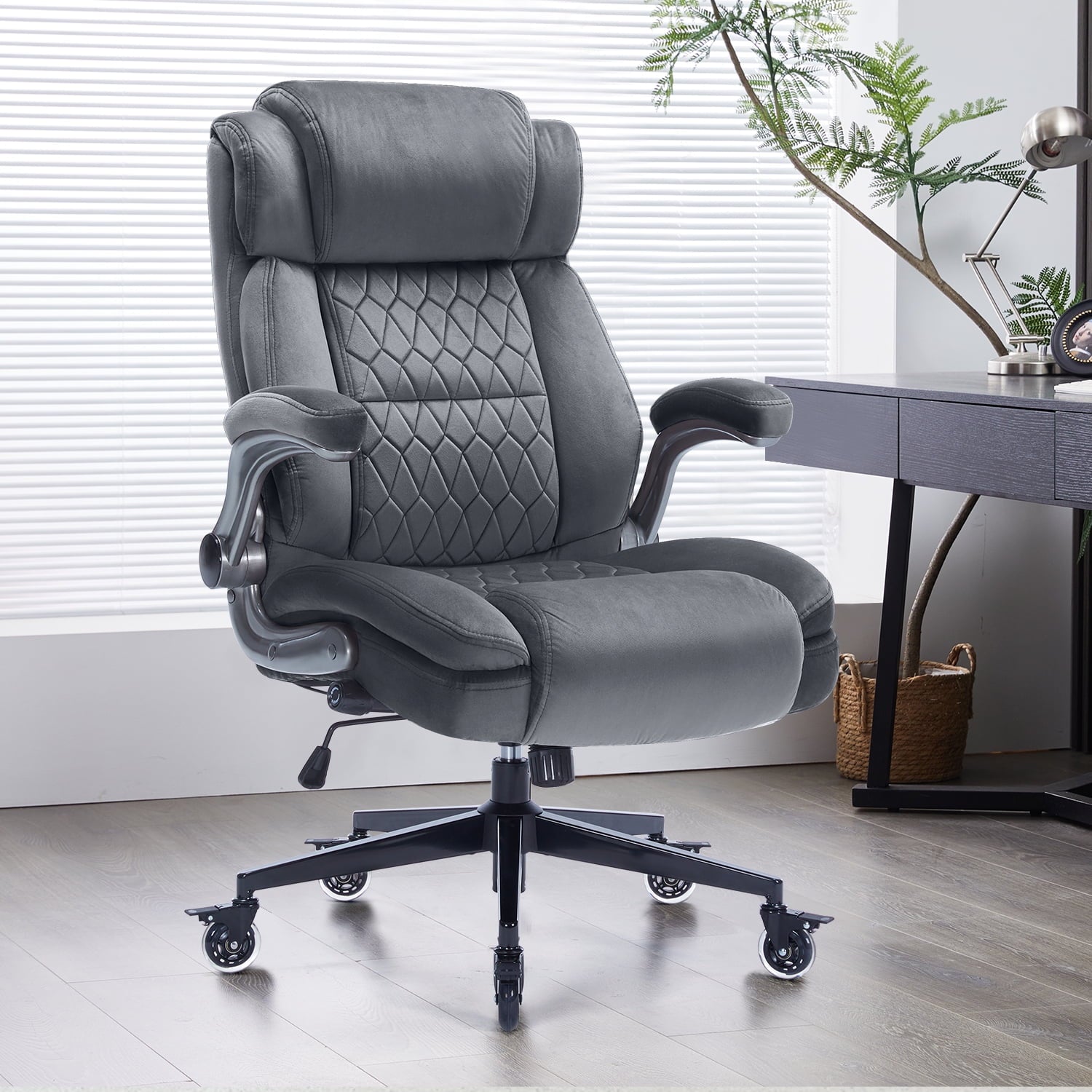 High Back Office Chair with Lockable Wheels, 400lbs Large Fabric Executive Desk Chair, Adjustable Lumbar Support Flip up Arms, Ergonomic Home Office Computer Chair with Storage Pocket, Black