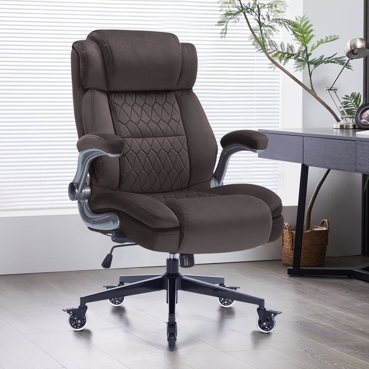 High Back Office Chair with Lockable Wheels, 400lbs Large Fabric Executive Desk Chair, Adjustable Lumbar Support Flip up Arms, Ergonomic Home Office Computer Chair with Storage Pocket, Black