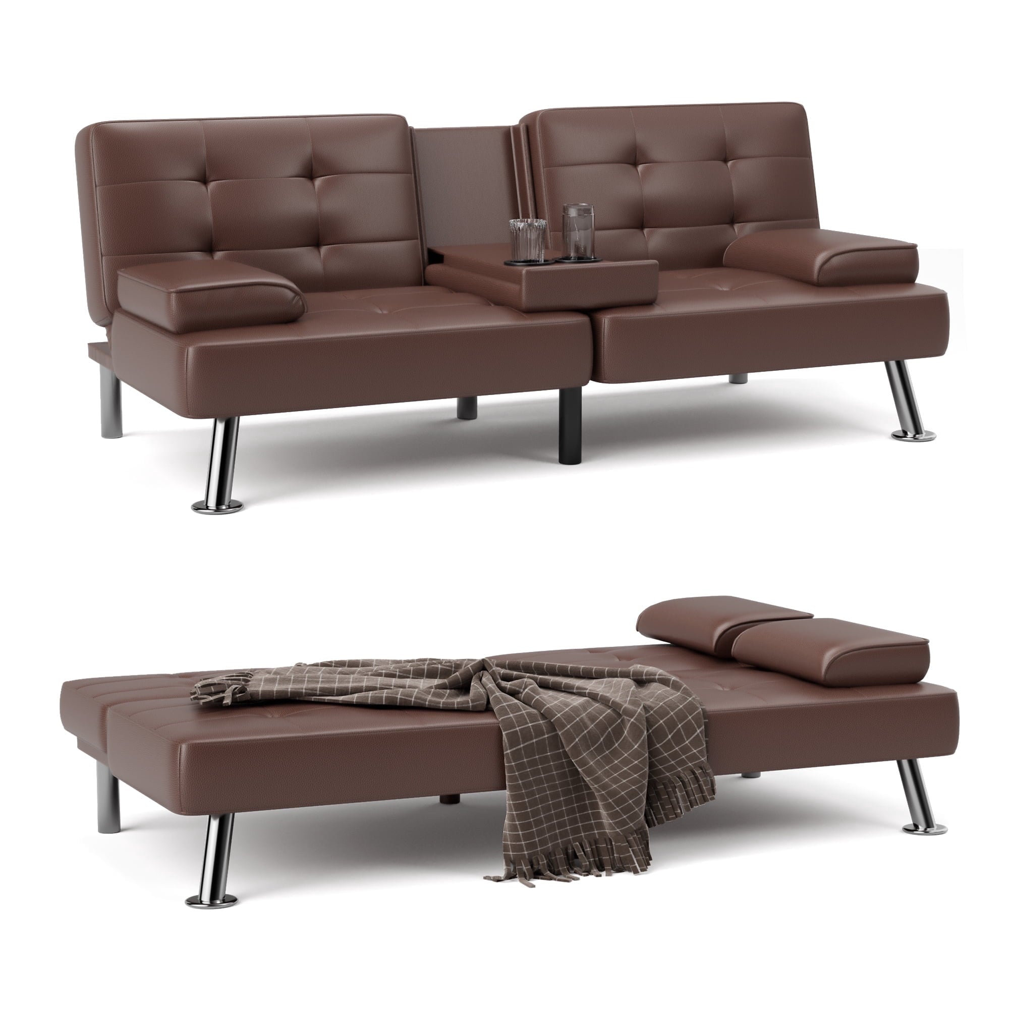 Homall Futon Sofa Bed Faux Leather Couch Modern Convertible Folding Recliner with 2 Cup Holders