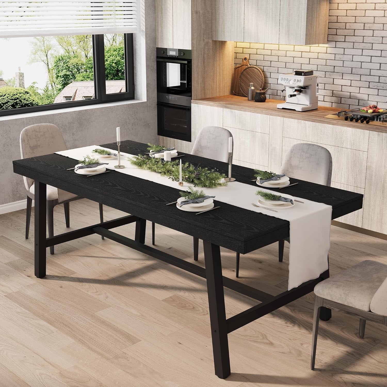 Industrial Dining Table for 6-8 People, 70.87 Long Wooden Kitchen Table with Sturdy Metal Frame & Natural Finish, Seats 6 Rectangular Counter for Dinner, Kitchen, Dining Room - Natural