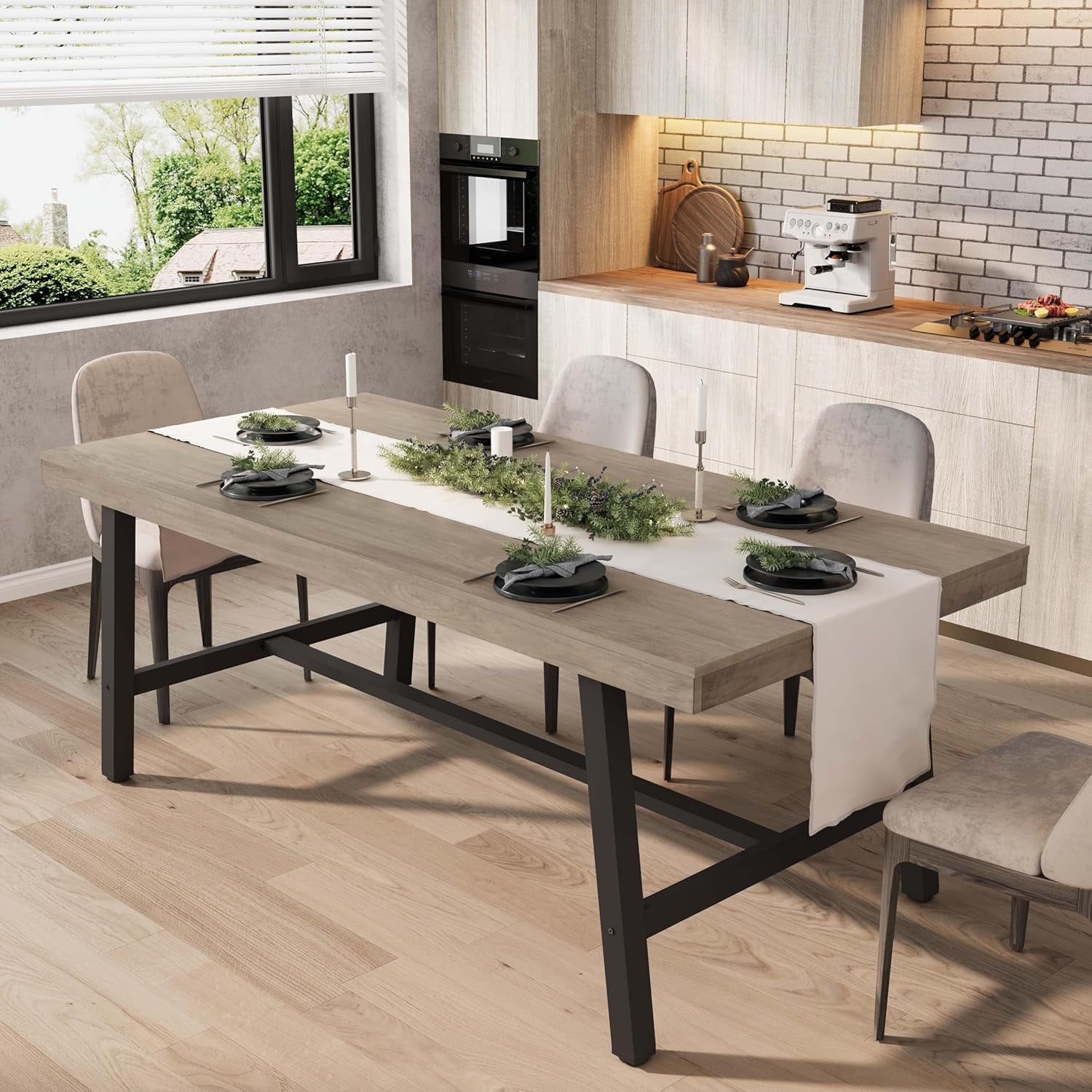 Industrial Dining Table for 6-8 People, 70.87 Long Wooden Kitchen Table with Sturdy Metal Frame & Natural Finish, Seats 6 Rectangular Counter for Dinner, Kitchen, Dining Room - Natural