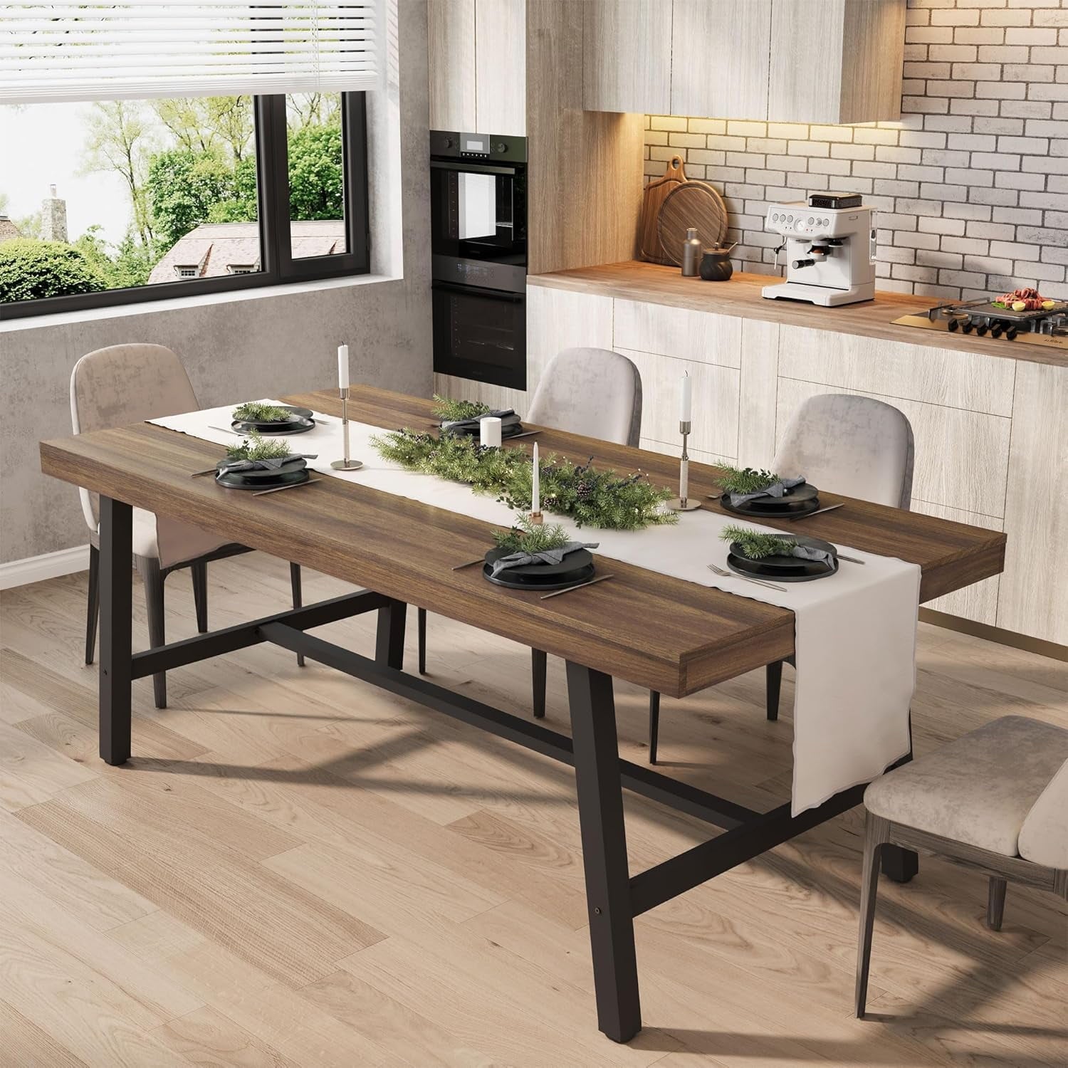 Industrial Dining Table for 6-8 People, 70.87 Long Wooden Kitchen Table with Sturdy Metal Frame & Natural Finish, Seats 6 Rectangular Counter for Dinner, Kitchen, Dining Room - Natural
