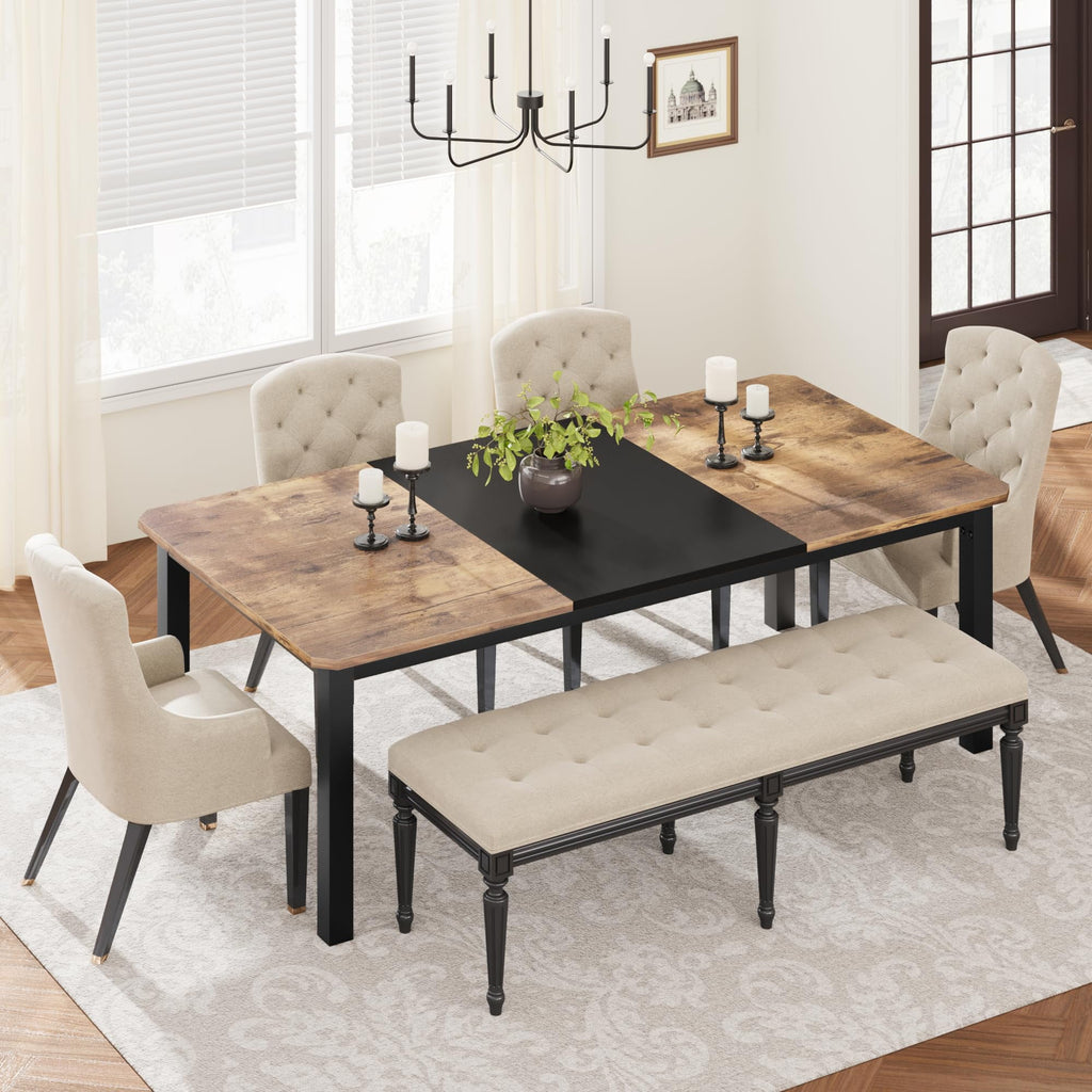 KOKEBREN 78.7 Inch Long Kitchen Table for 6-8, Dining Room Table for Kitchen Living Room, Large Rectangular Dinner Tables, Restaurant Tables with Sturdy Metal Frame(Only Table)-Black&Brown