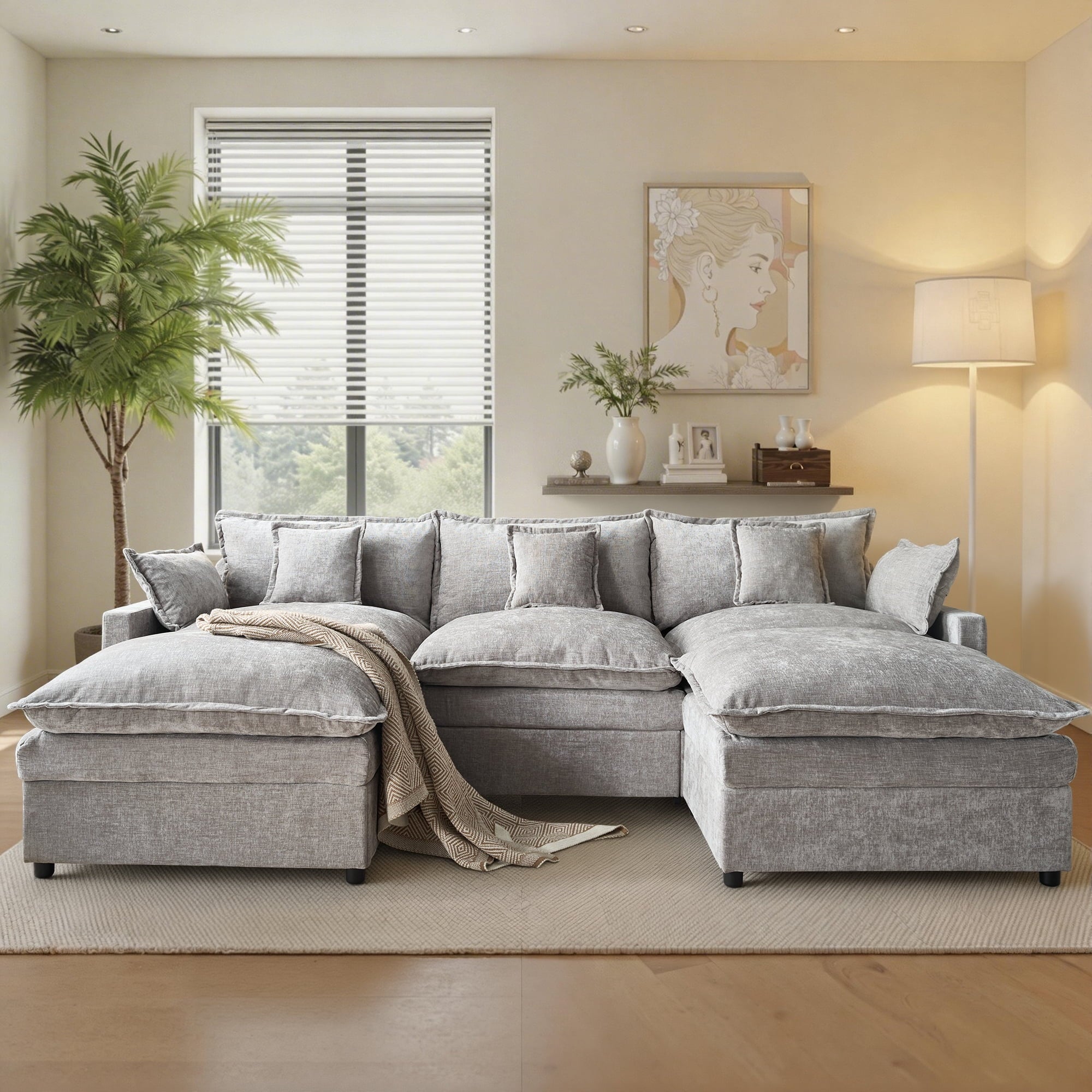 Ovios 108 Modular Sectional Sofa U-Shaped Cloud Couch with 2 Ottomans, Comfy Living Room Furniture, Chenille, Gray