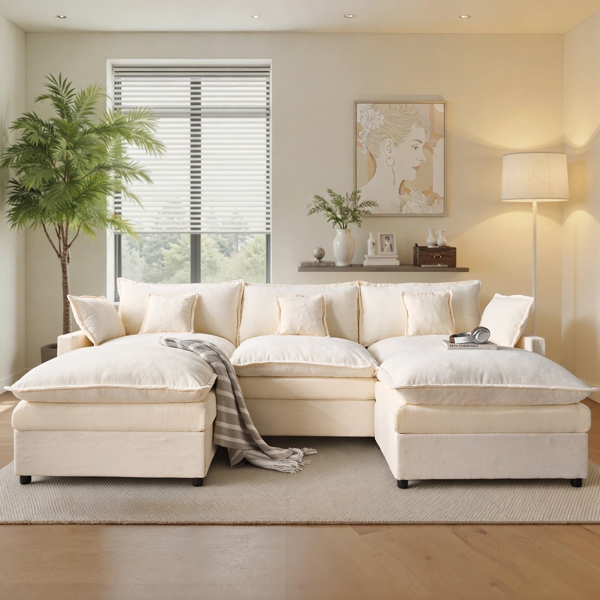 Ovios 108 Modular Sectional Sofa U-Shaped Cloud Couch with 2 Ottomans, Comfy Living Room Furniture, Chenille, Camel