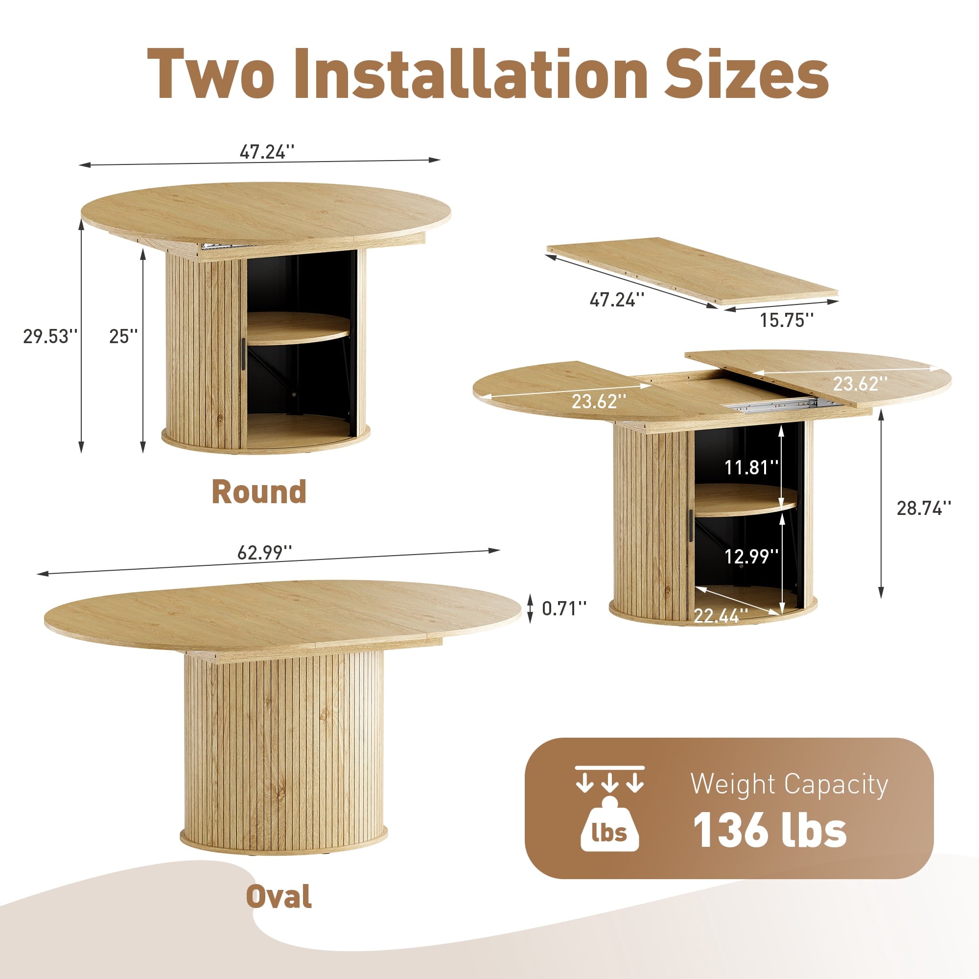 EOP 47″- 63″ Extendable Round Dining Table for 4-6, Wooden Kitchen Table with Hidden Storage and Fluted Sliding Door Cabinet, Modern Space-Saving Table for Dining Room Kitchen, Natural Wood