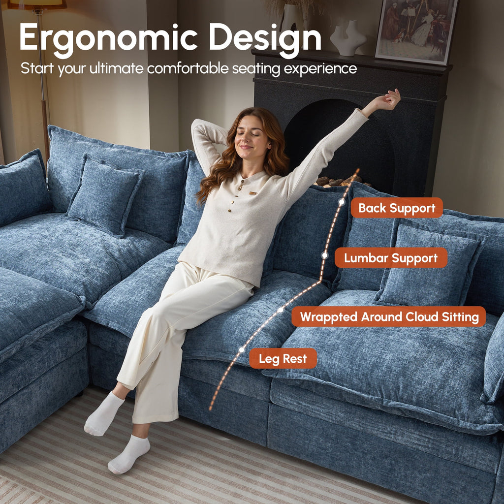Ovios 108 Modular Sectional Sofa U-Shaped Cloud Couch with 2 Ottomans, Comfy Living Room Furniture, Chenille, Gray
