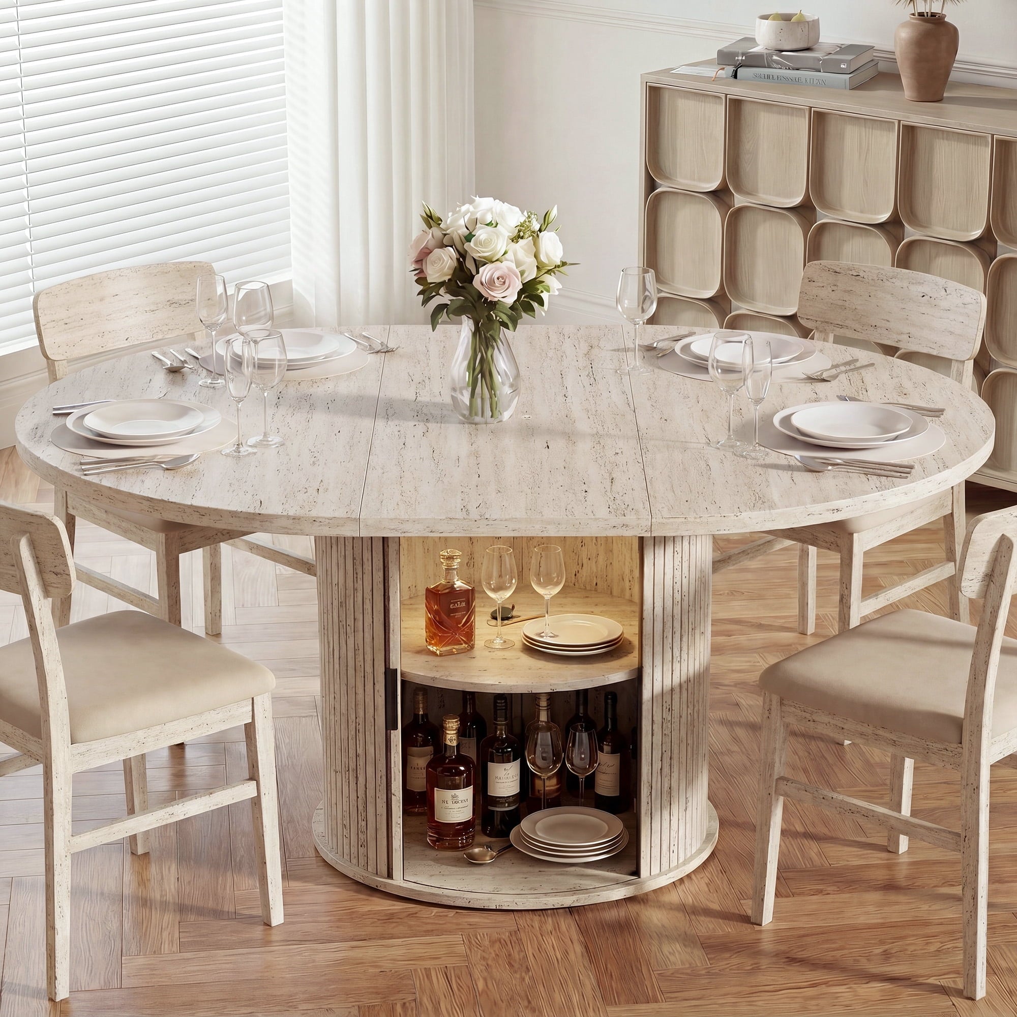 EOP 47″- 63″ Extendable Round Dining Table for 4-6, Wooden Kitchen Table with Hidden Storage and Fluted Sliding Door Cabinet, Modern Space-Saving Table for Dining Room Kitchen, Natural Wood