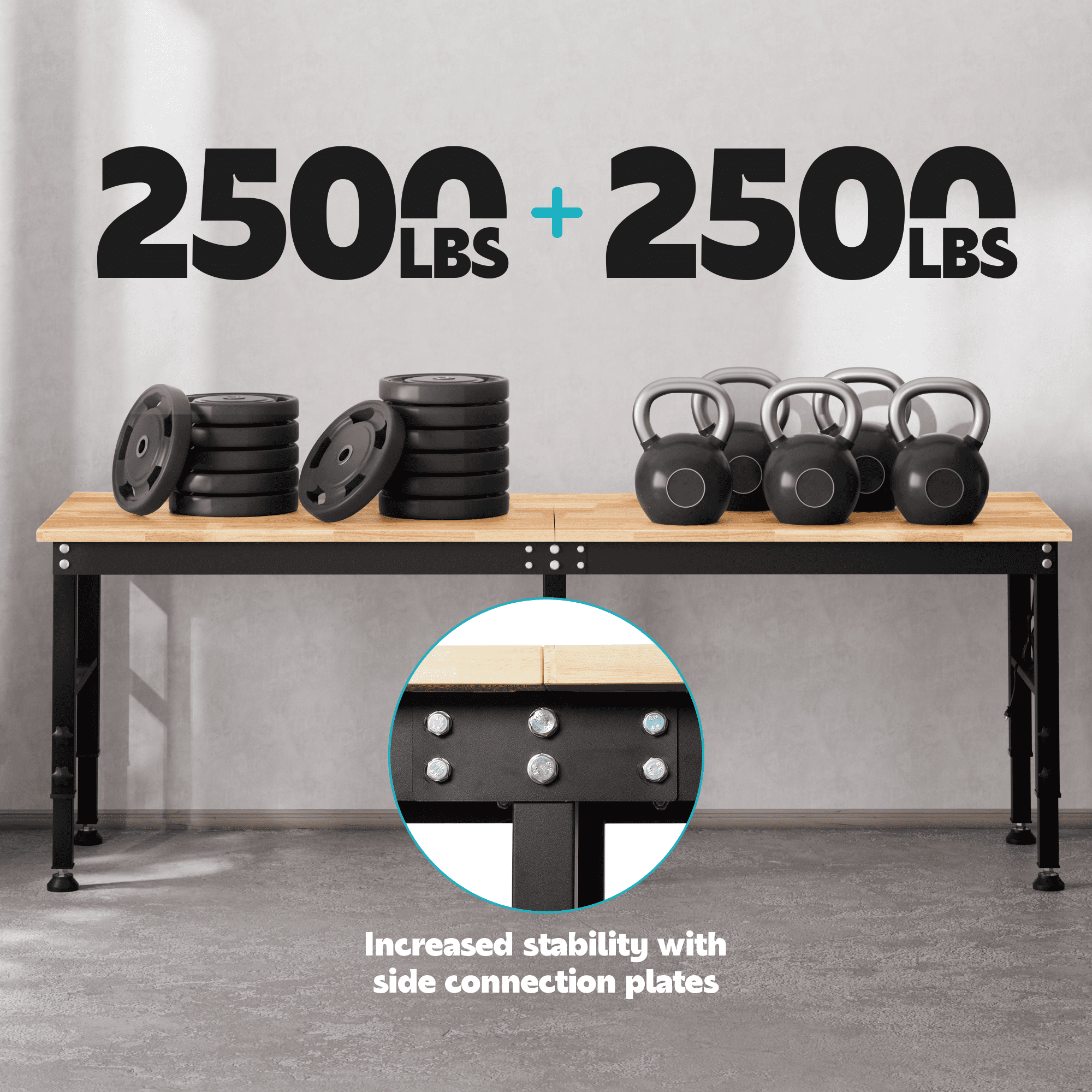 AHB 70 Adjustable Height Workbench with Power Outlets and Pegboard, 2000 lbs Heavy Duty Rubber Wood Top Work Table for Garage, Workshop, Office and Home