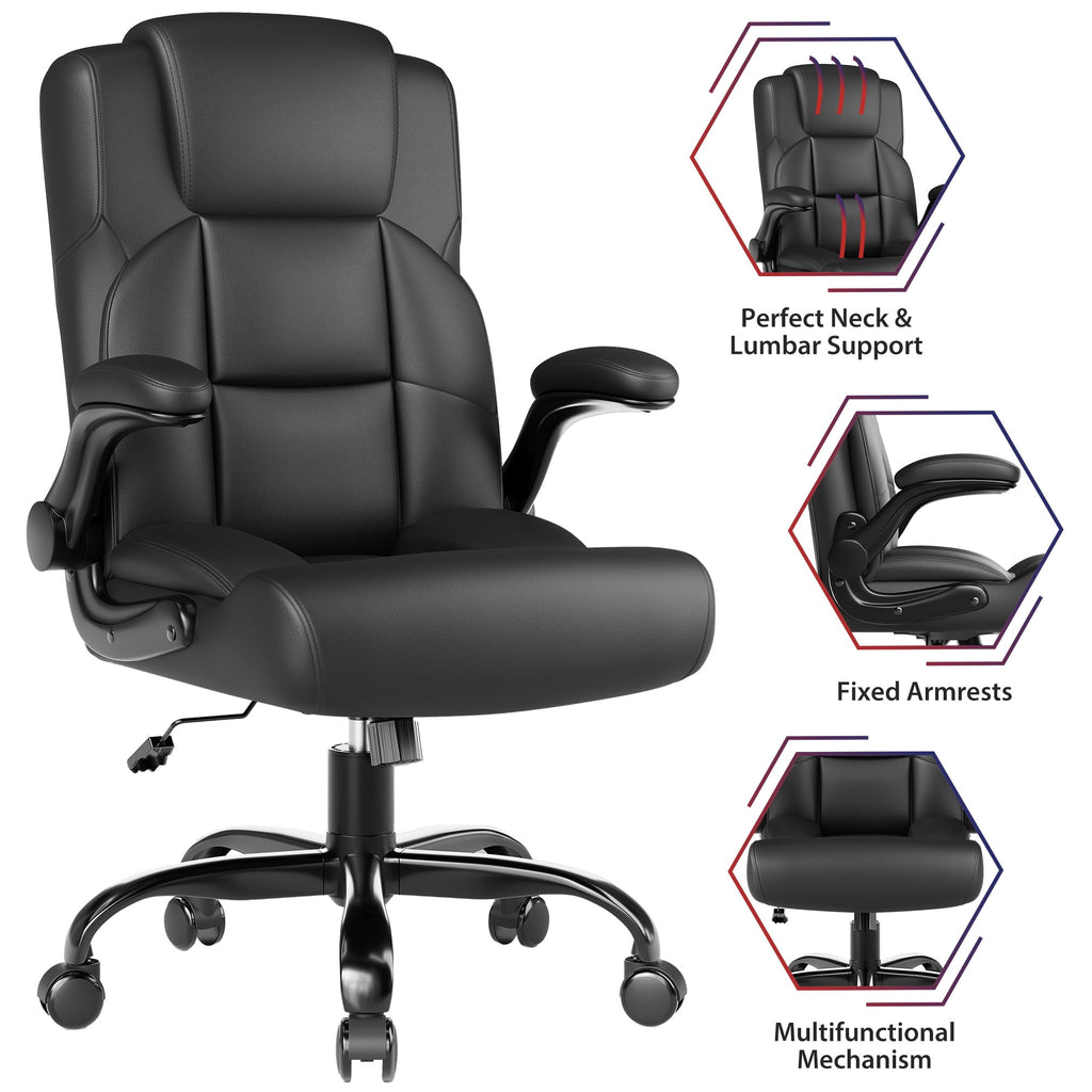 JONPONY Leather Office Chair, Big and Tall 500lbs Ergonomic Desk Chairs with Back Support, Executive Leather Chair with Wheels for Home Office, with Adjustable Padded Armrest & Lumbar Support , Black