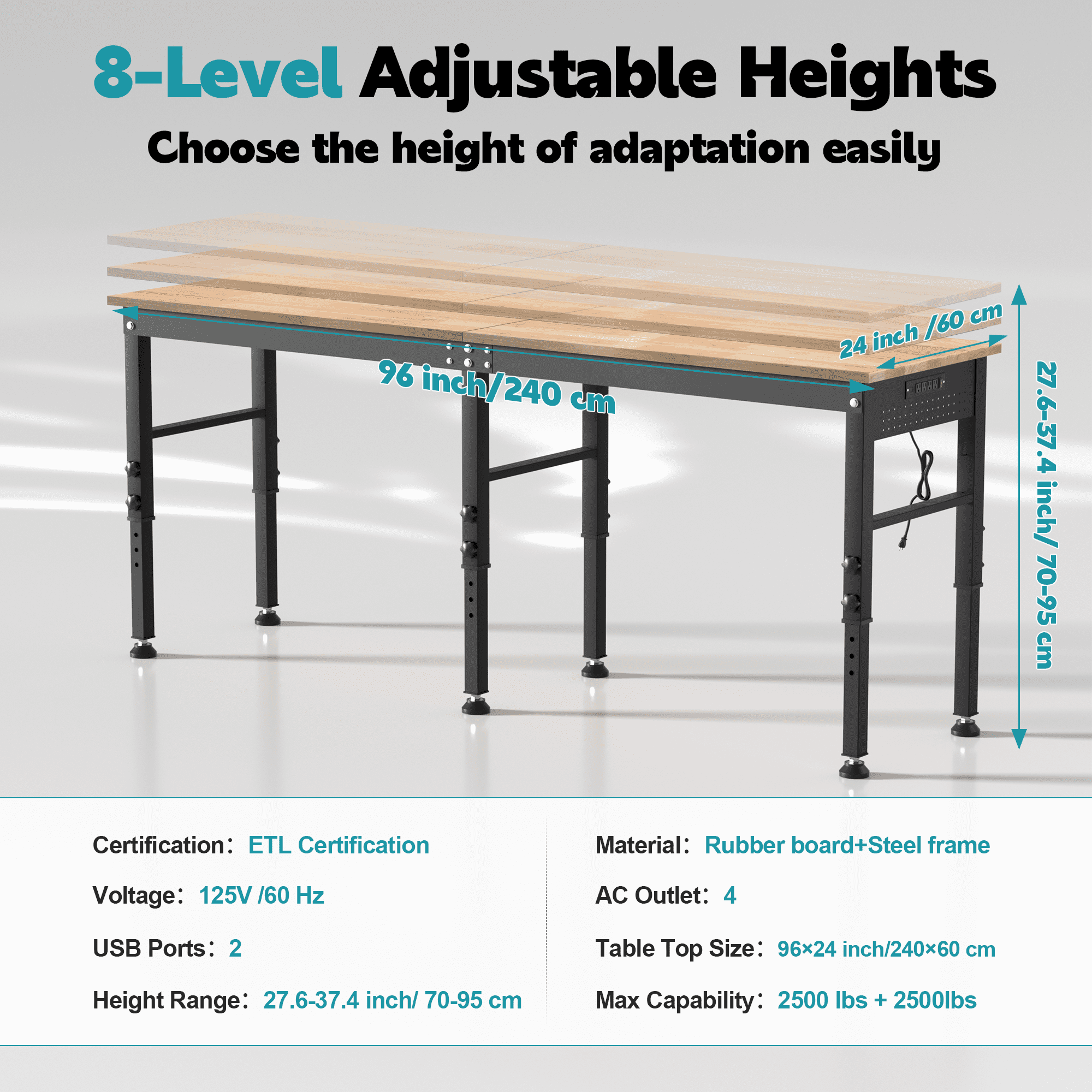 HARIPUL 96 inch Adjustable Workbench, 2000 LBS Heavy Duty Workstation with Power Outlets & Pegboard, Solid Rubber Wood Top Work Table for Garage, Workshop, Office, Commercial Use